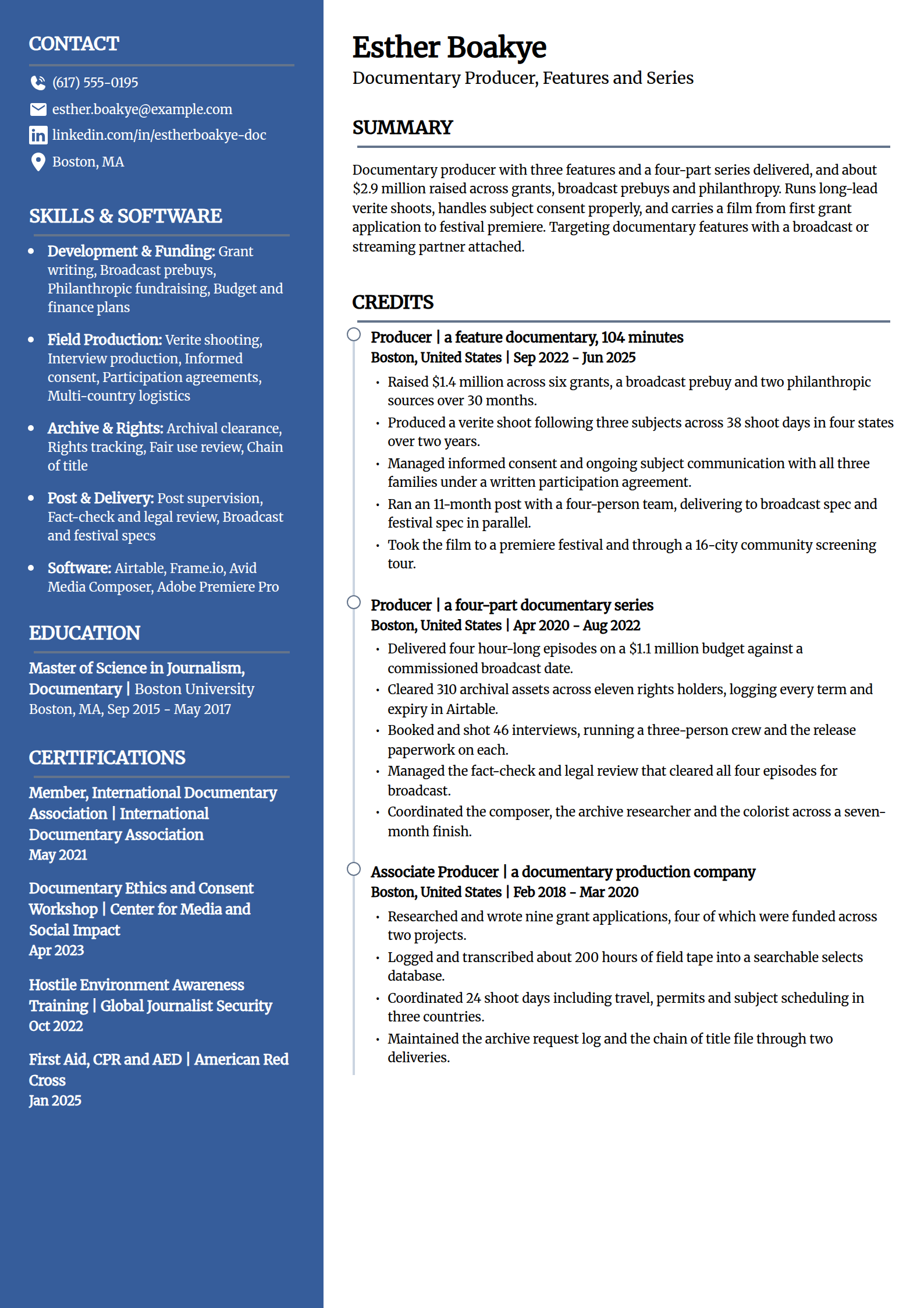 Documentary producer resume example in the Creative template