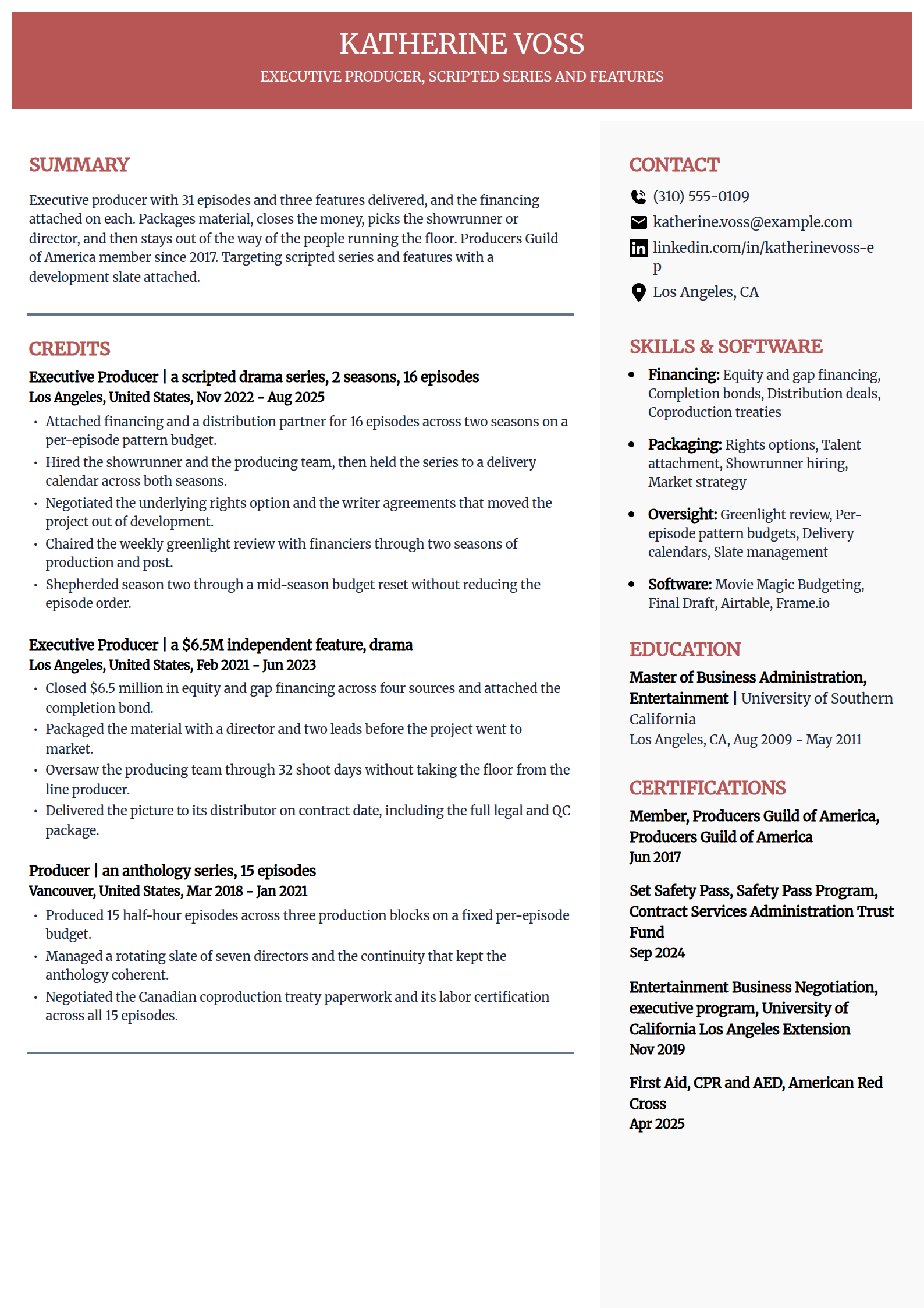 Executive producer resume example in the Executive template