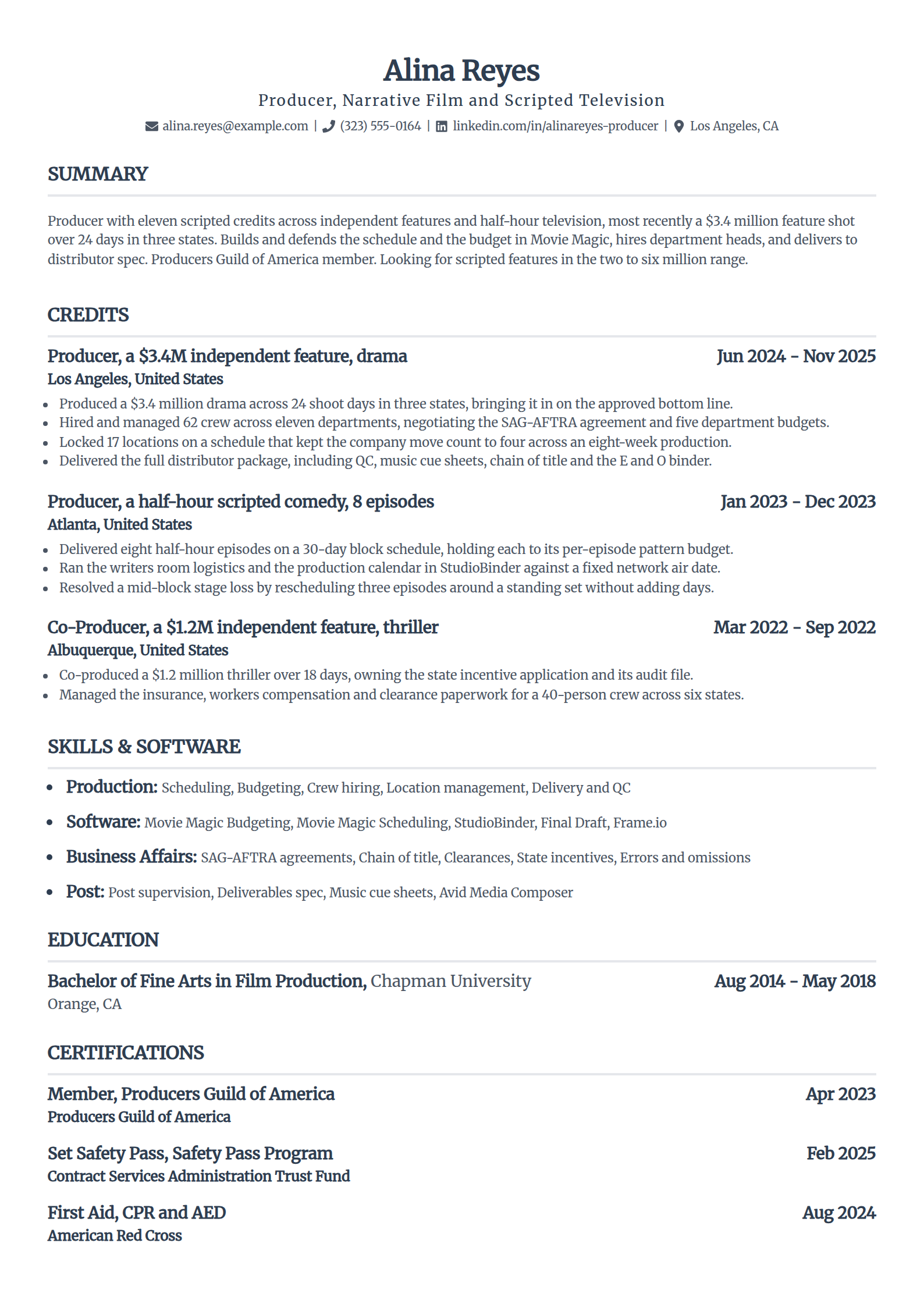 Film and TV producer resume example in the Standard template