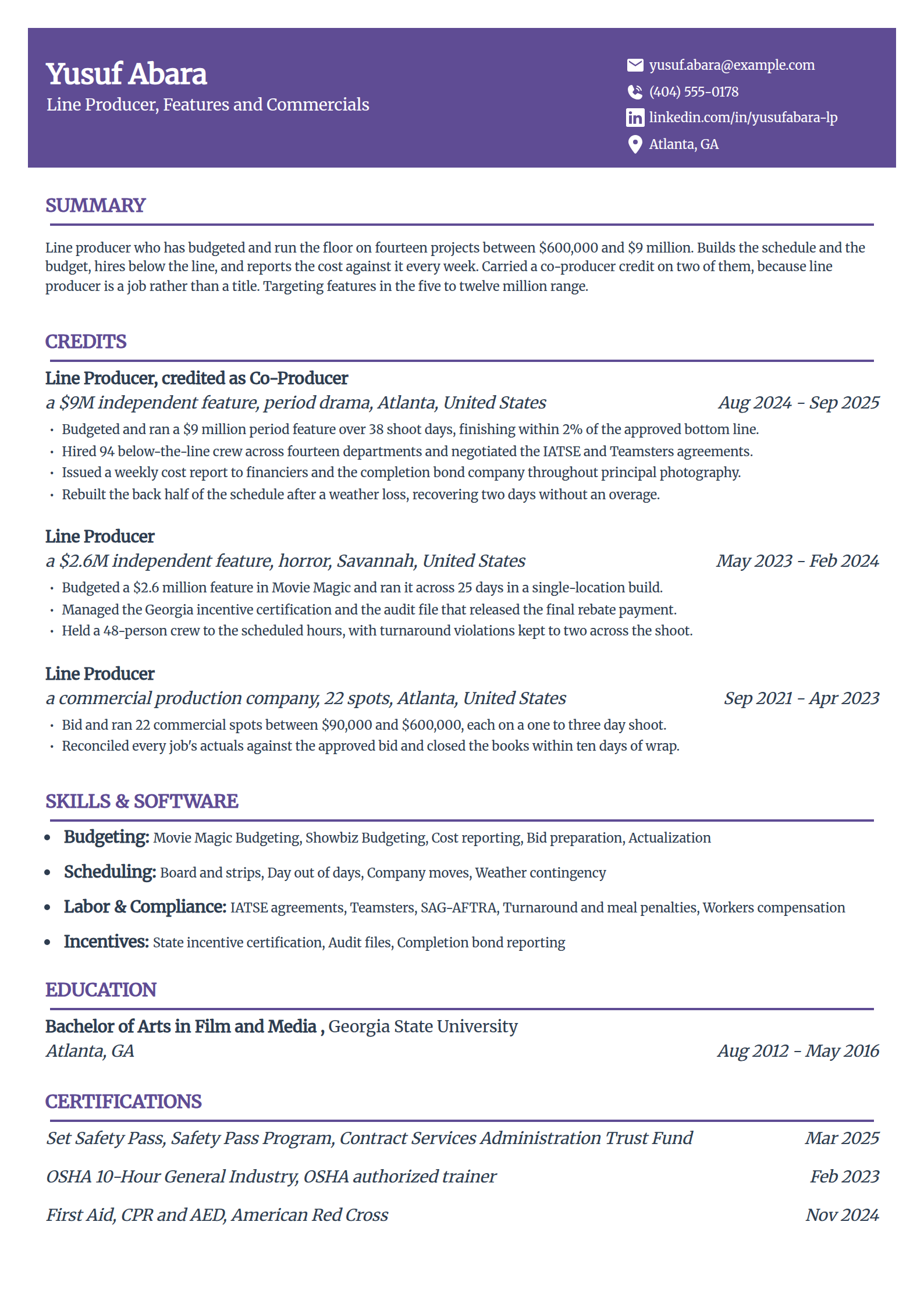 Line producer resume example in the Panorama template