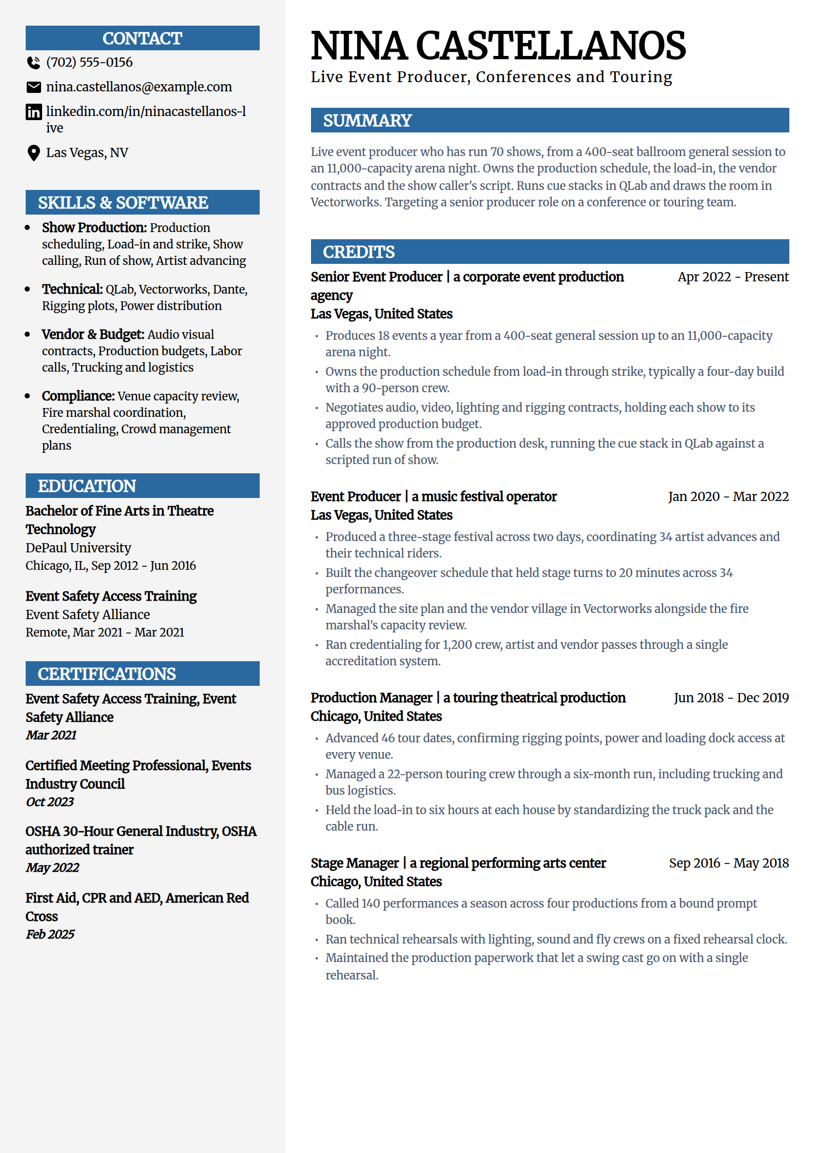 Live event producer resume example in the Mosaic template