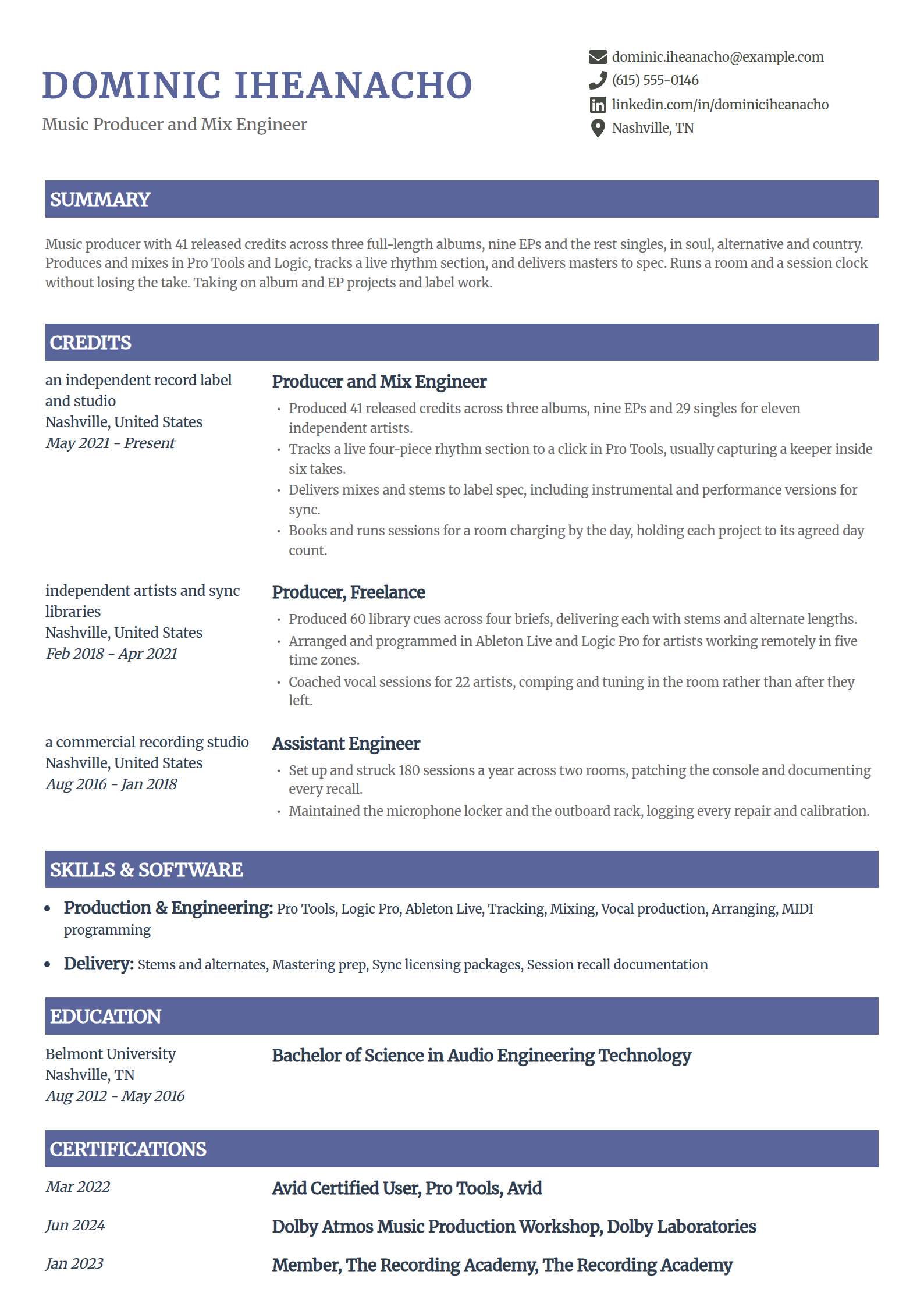 Music producer resume example in the Catalyst template