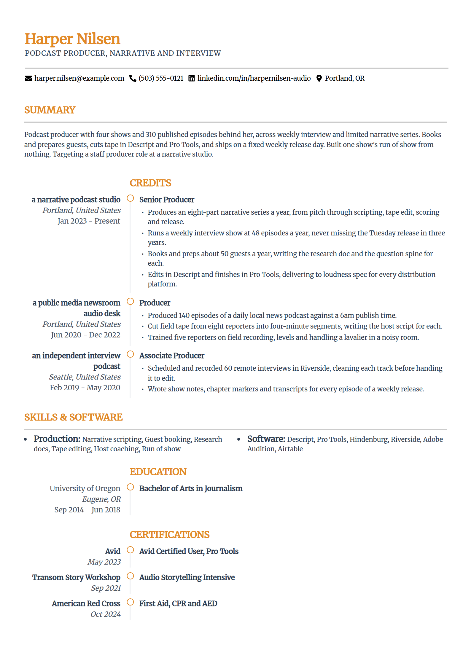 Podcast producer resume example in the Zenith template
