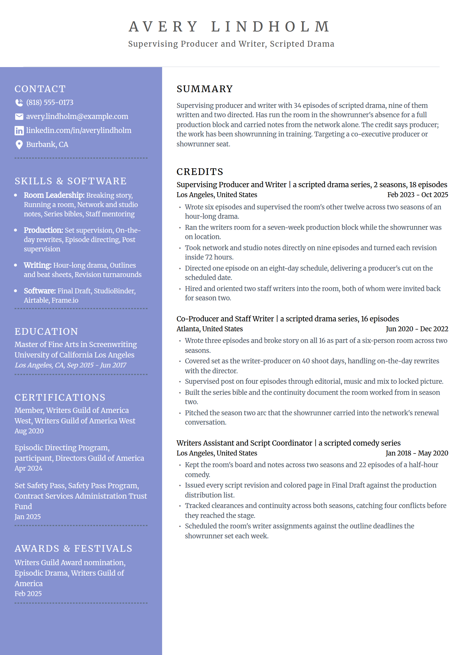 Producer on the showrunner track resume example in the Luminary template
