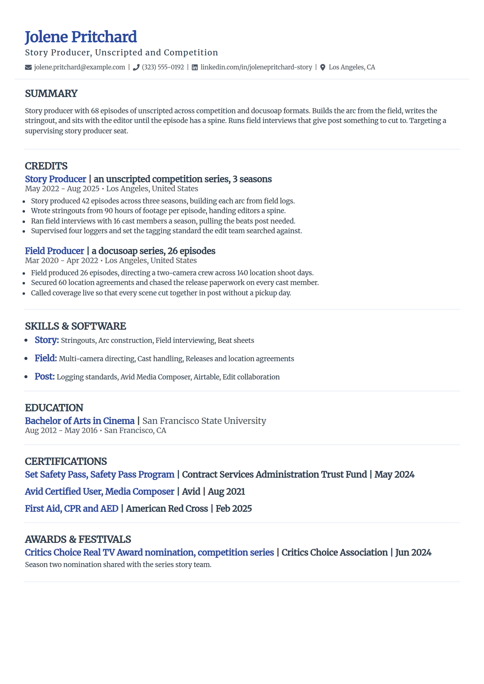 Unscripted story producer resume example in the Elegant template