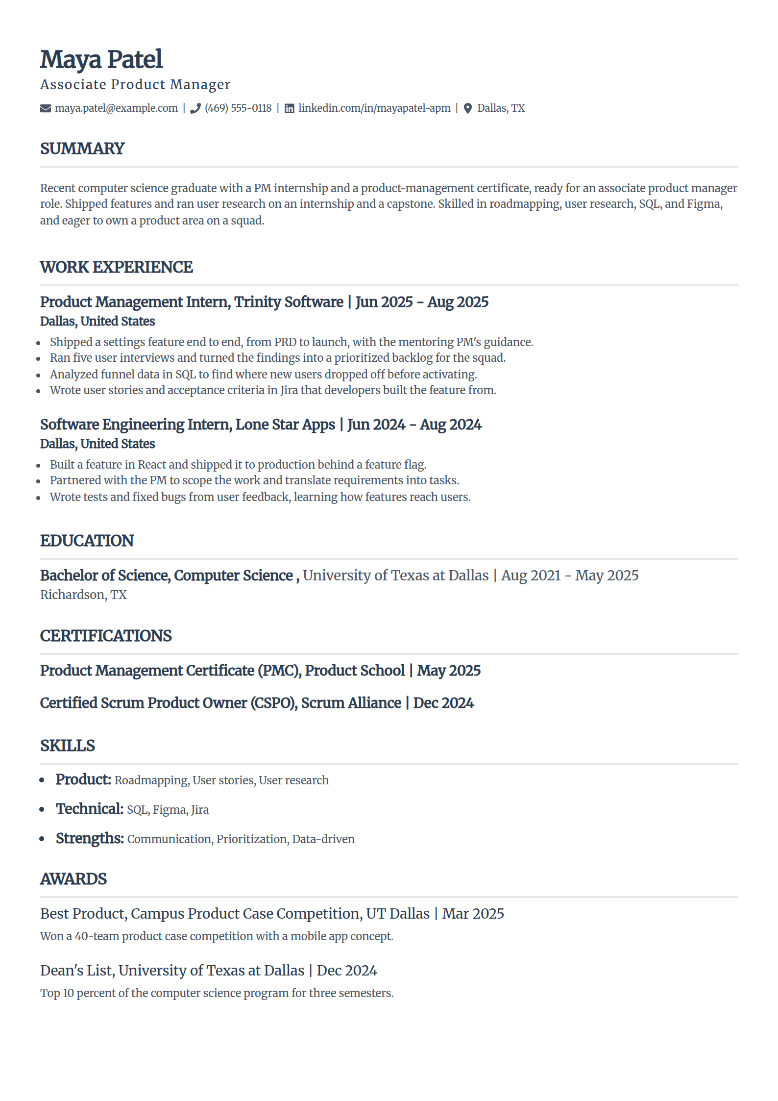 Associate product manager resume example for entry-level in the Classic template