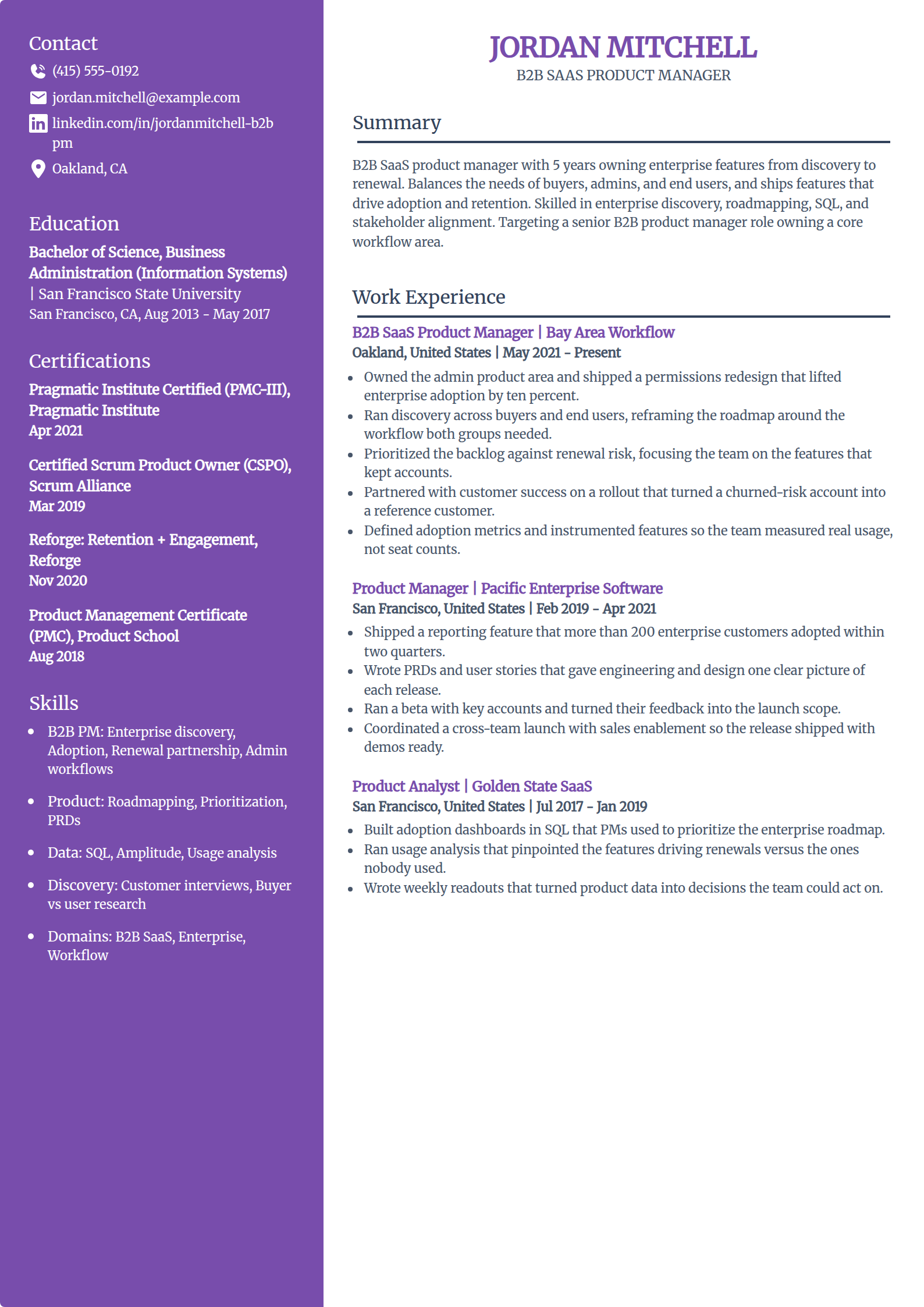B2B SaaS product manager resume example in the Pioneer template