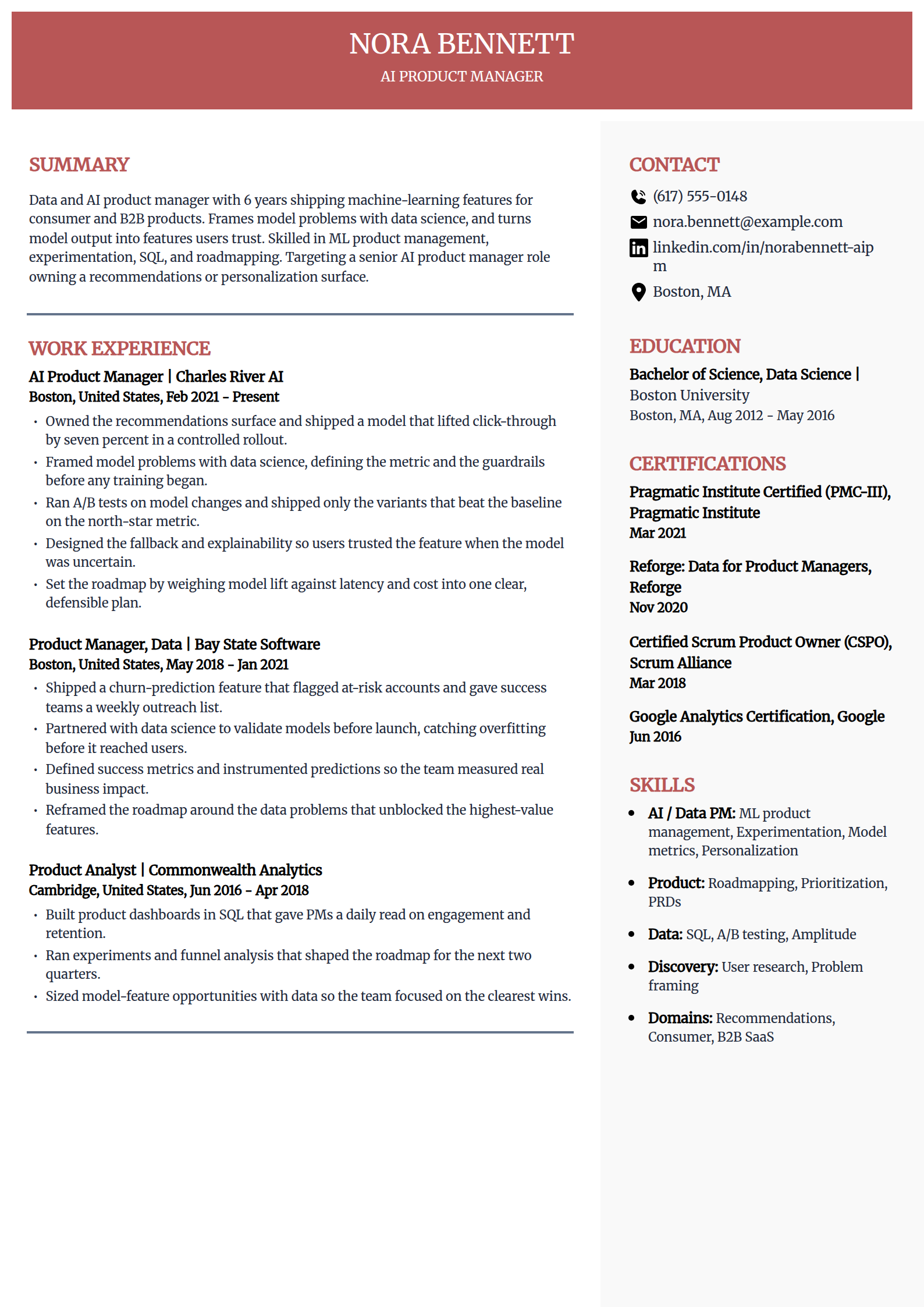 Data and AI product manager resume example in the Executive template