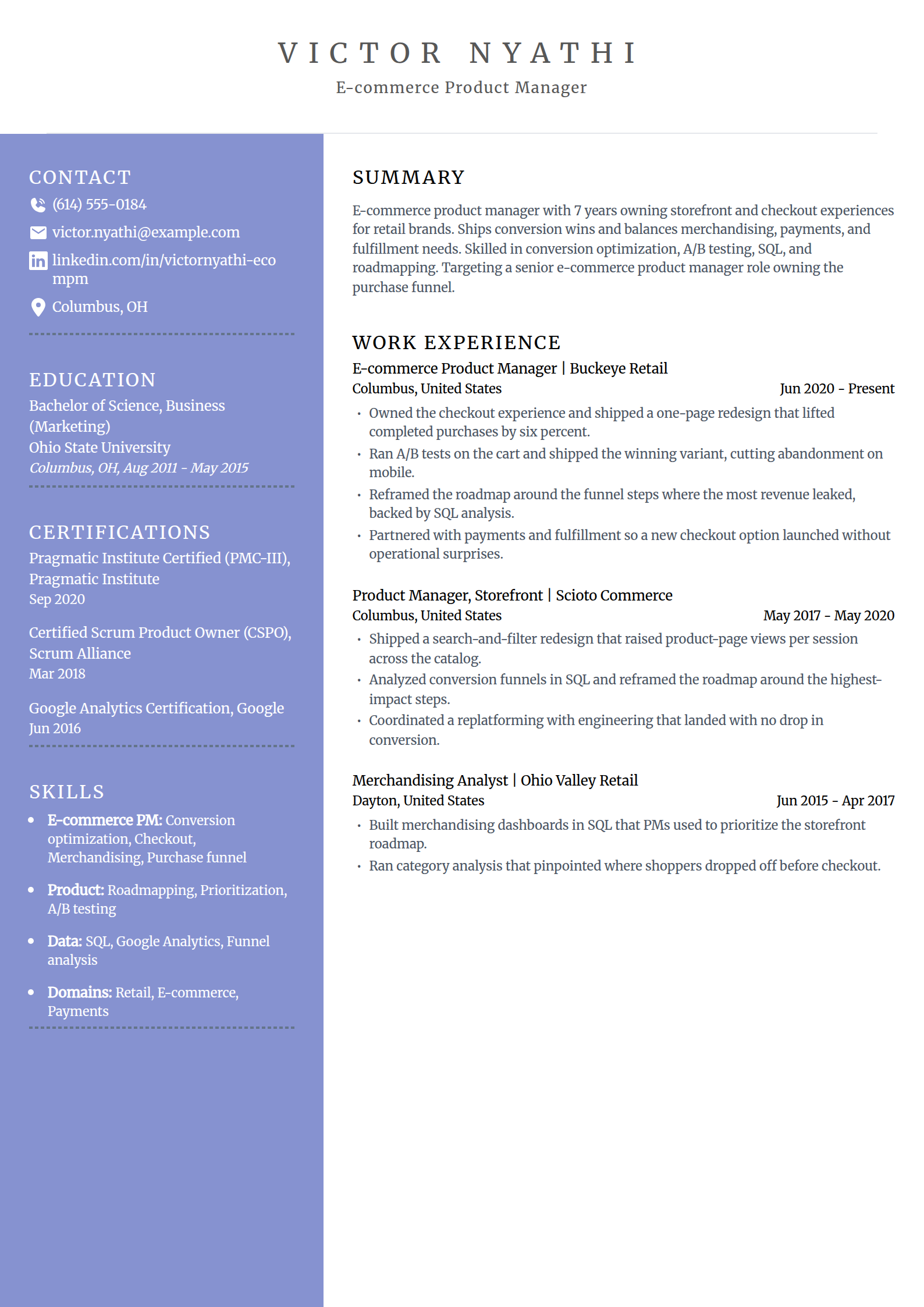 E-commerce product manager resume example in the Luminary template