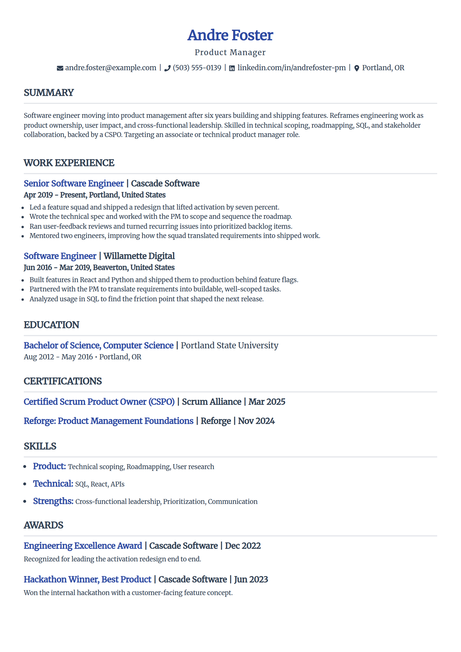 Software engineer moving to product manager resume example in the Simple template