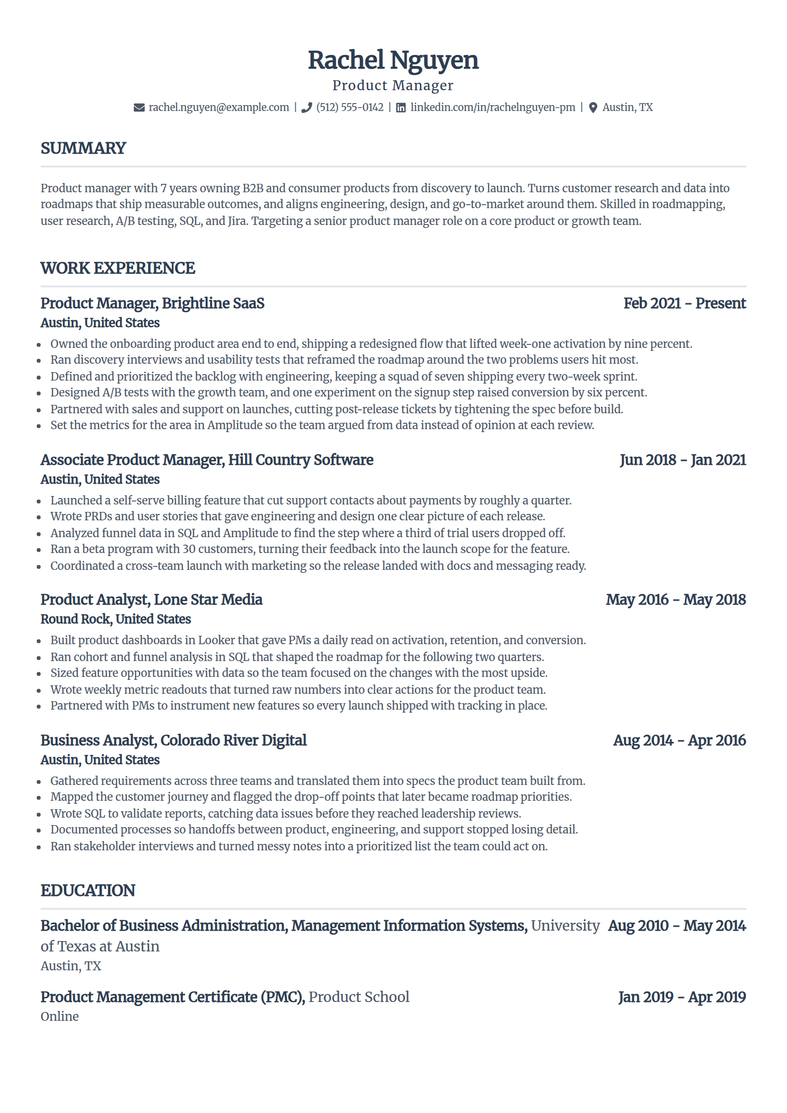 Experienced product manager resume example in the Standard template