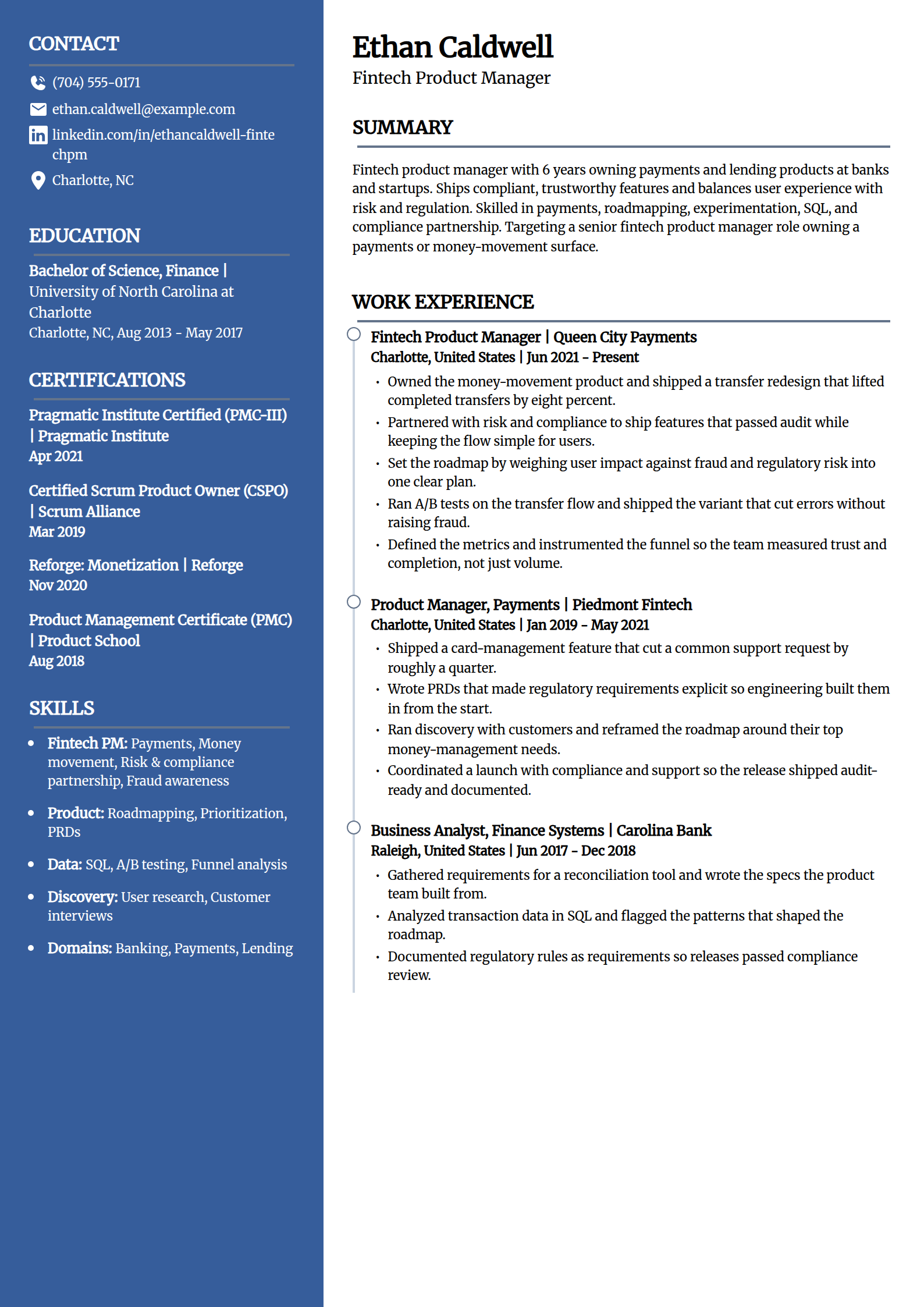 Fintech product manager resume example in the Creative template