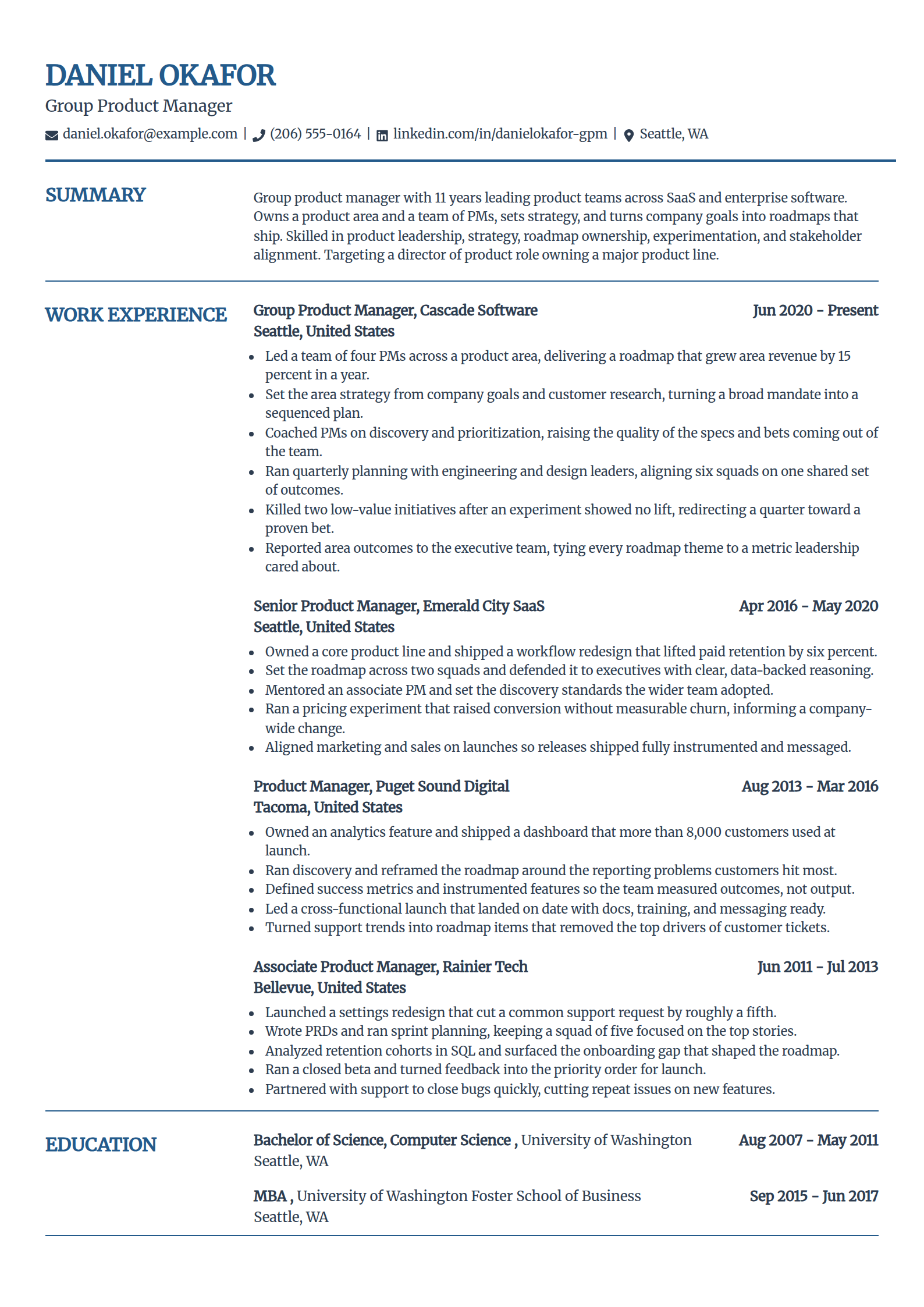 Group product manager resume example in the Craft template