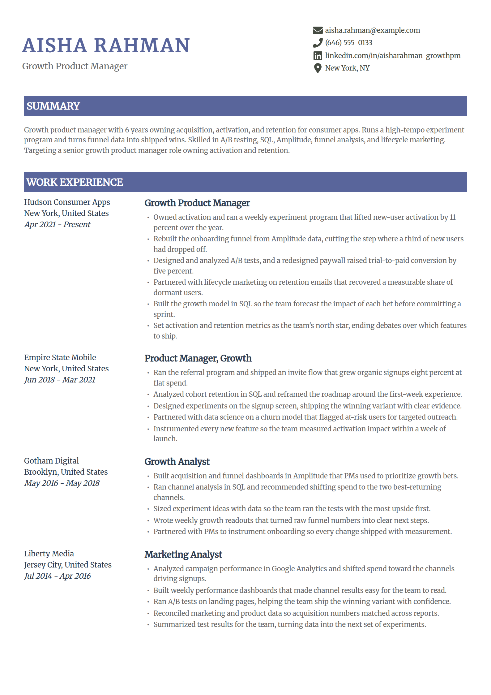 Growth product manager resume example in the Catalyst template
