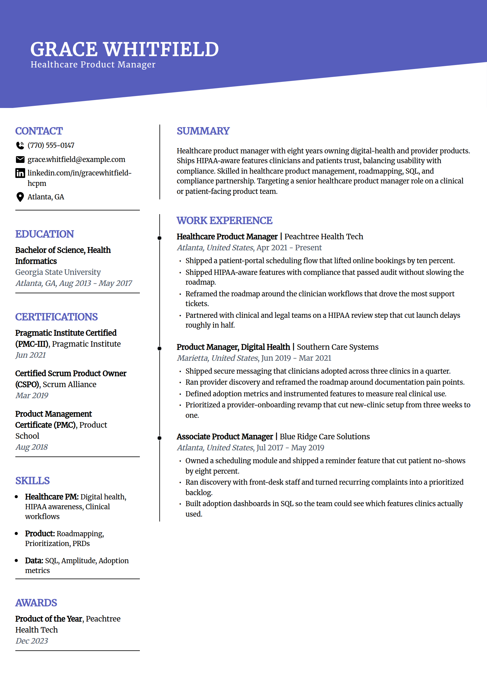 Healthcare product manager resume example in the Orbit template