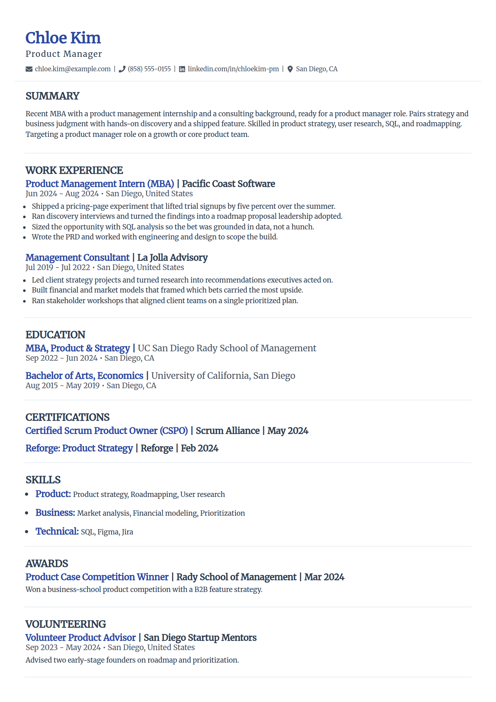 MBA graduate moving to product manager resume example in the Elegant template