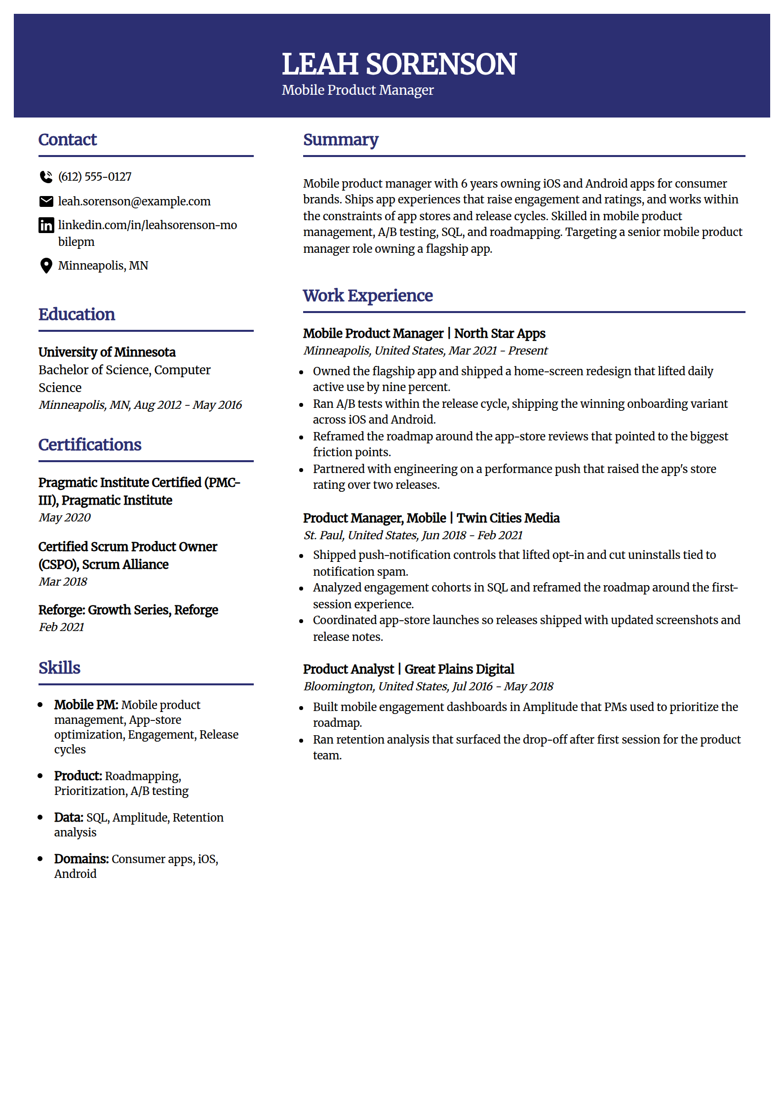 Mobile product manager resume example in the Visionary template