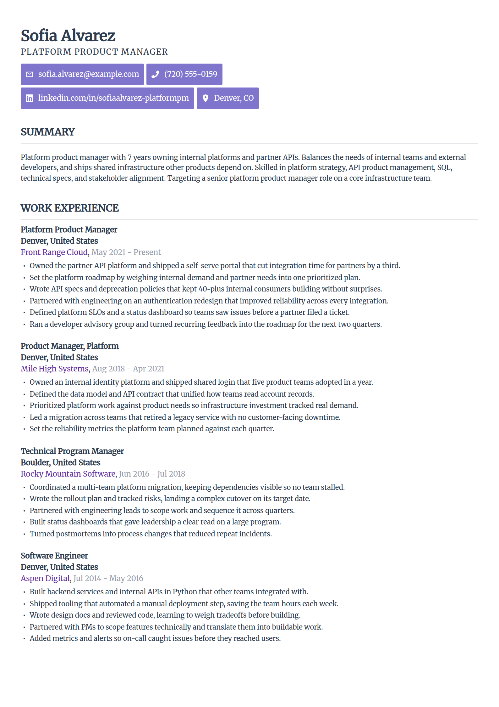 Platform and API product manager resume example in the Sleek Framework template