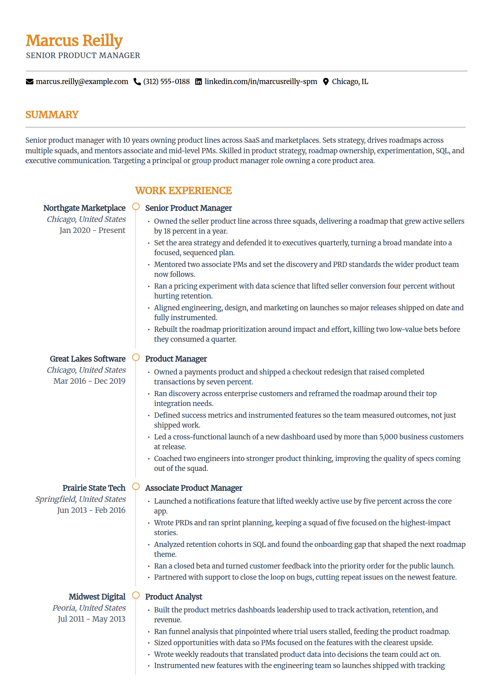 Senior product manager resume example in the Zenith template