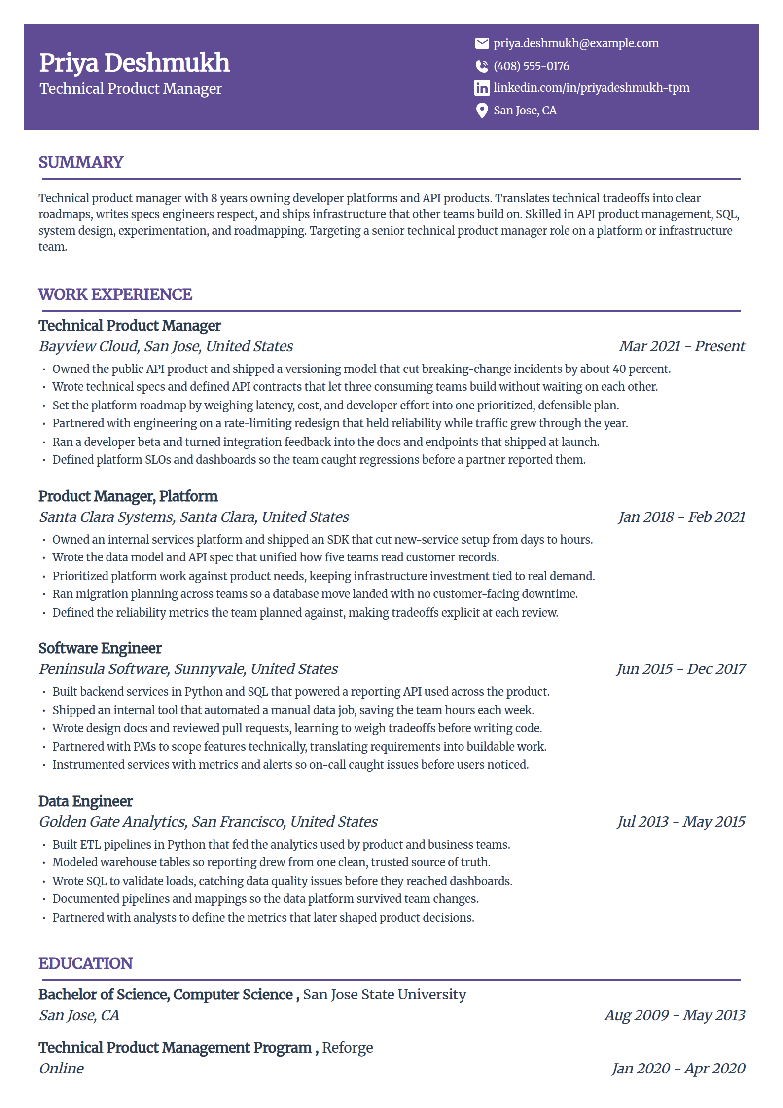 Technical product manager resume example in the Panorama template