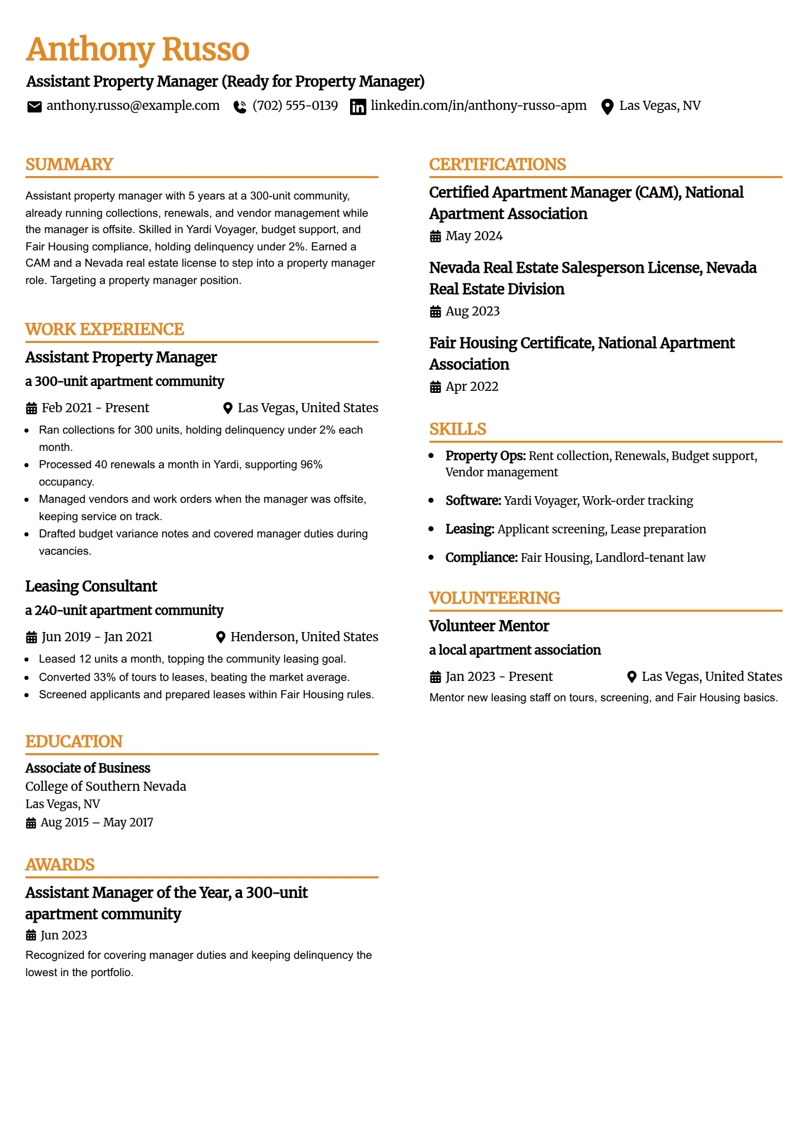 Assistant property manager promotion resume example in the Professional Edge template