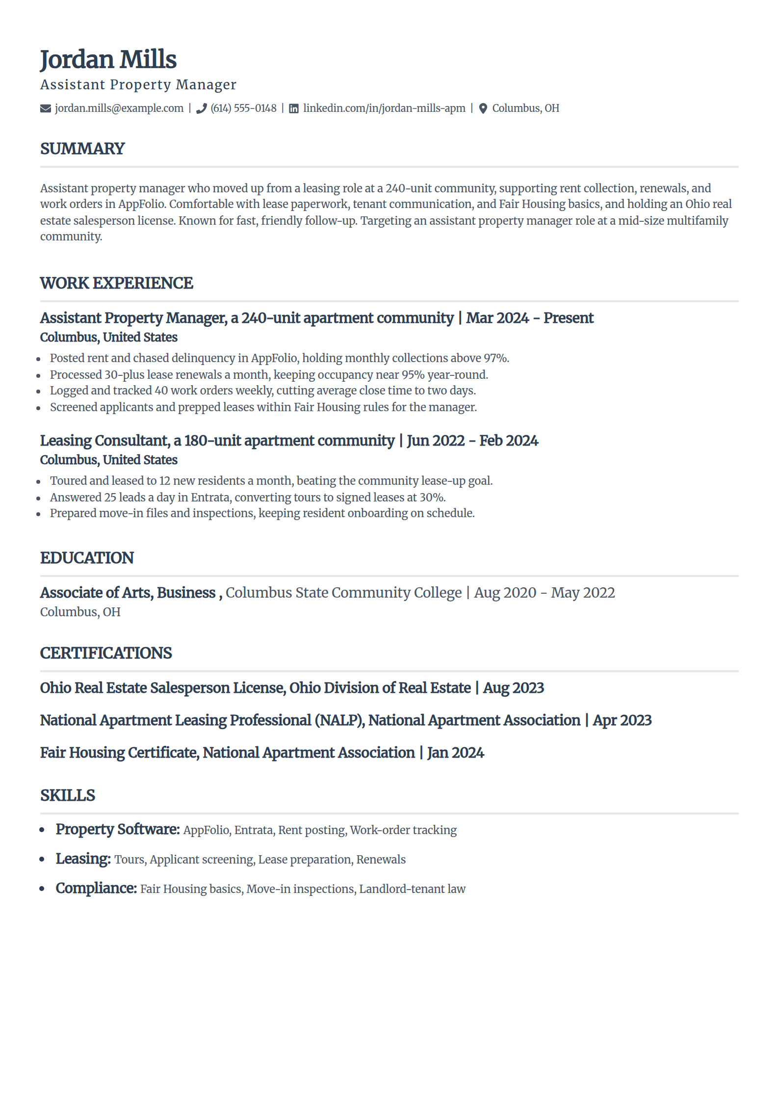 Assistant property manager resume example in the Classic template