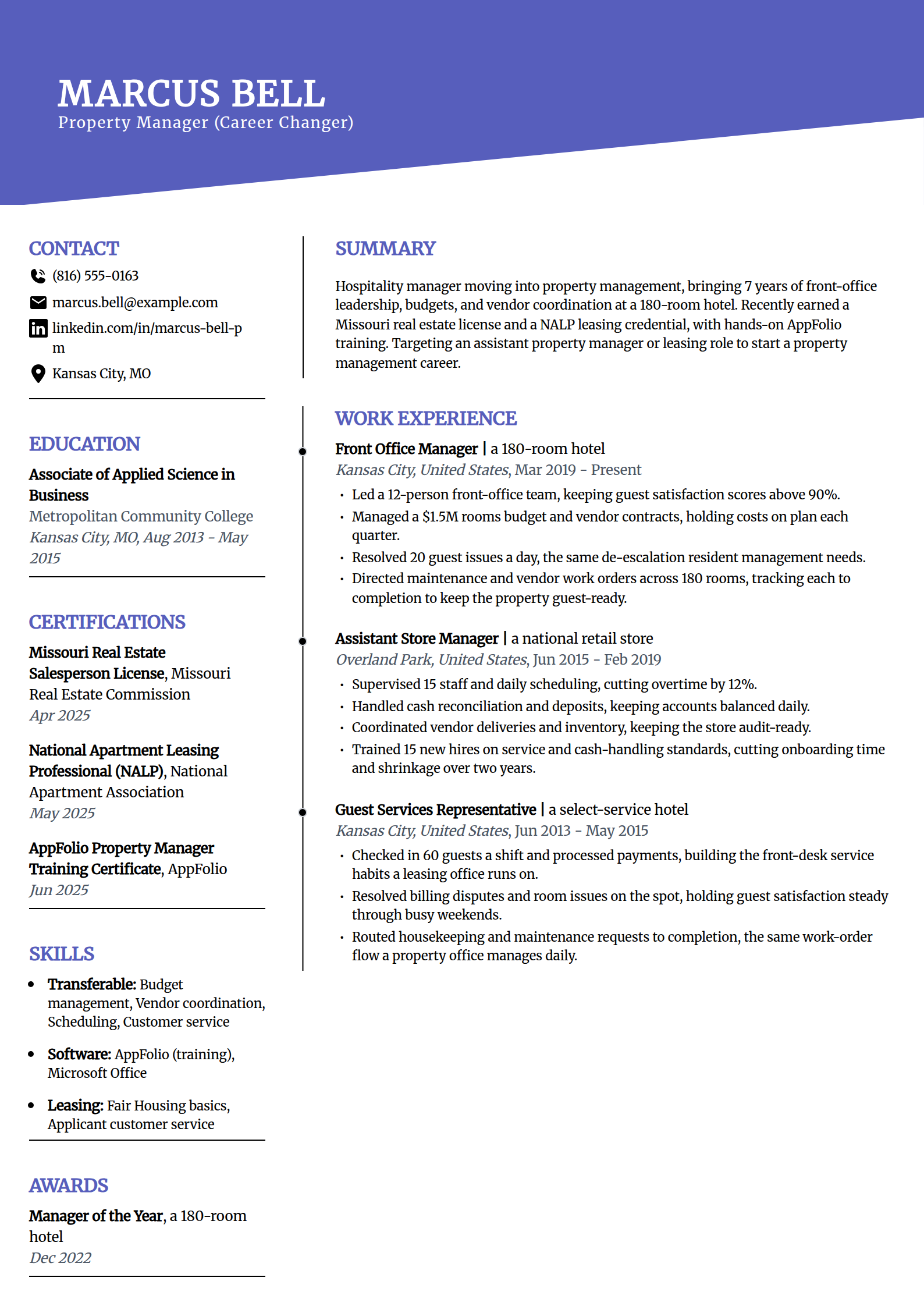 Career-change property manager resume example in the Orbit template