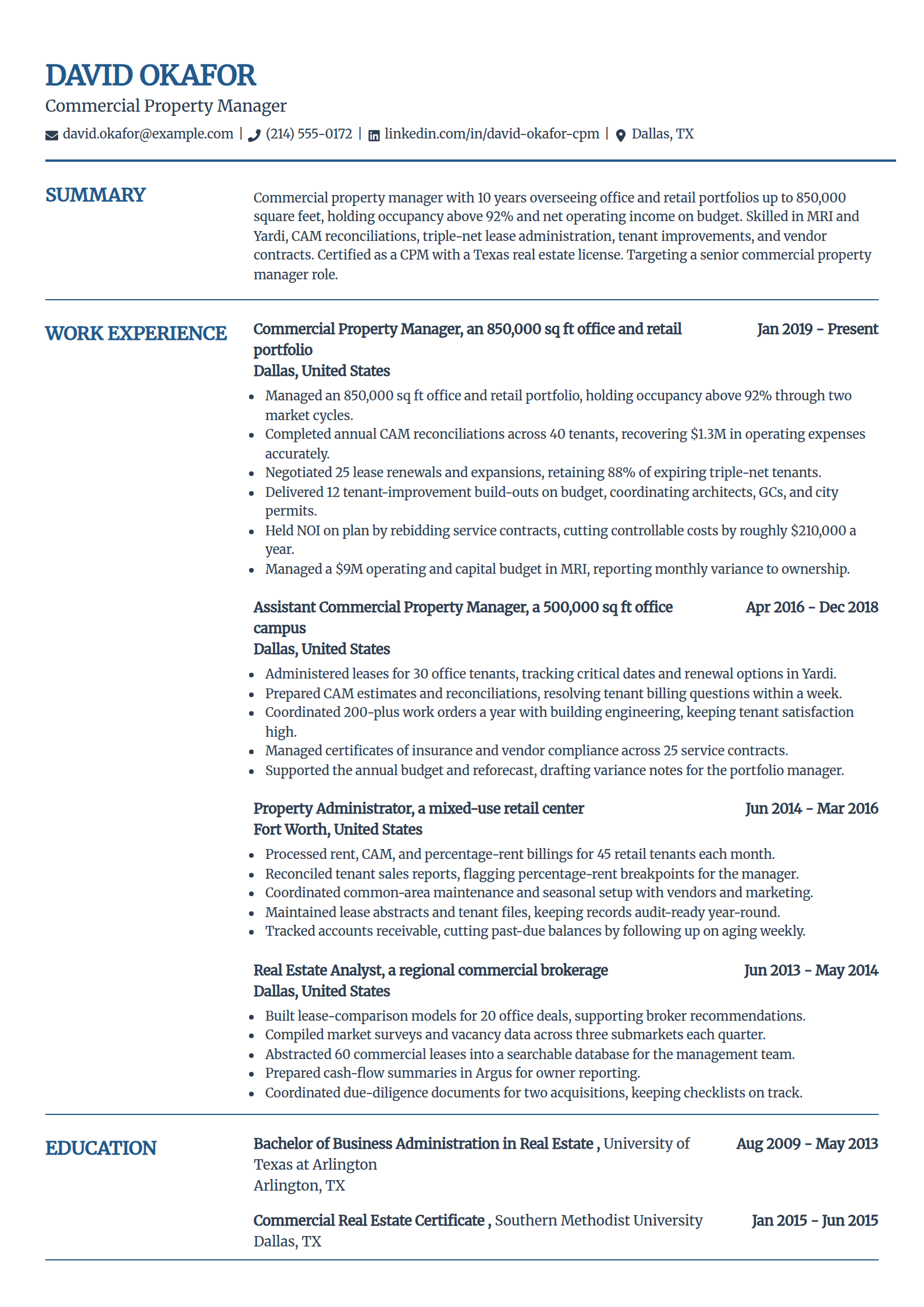 Commercial property manager resume example in the Craft template