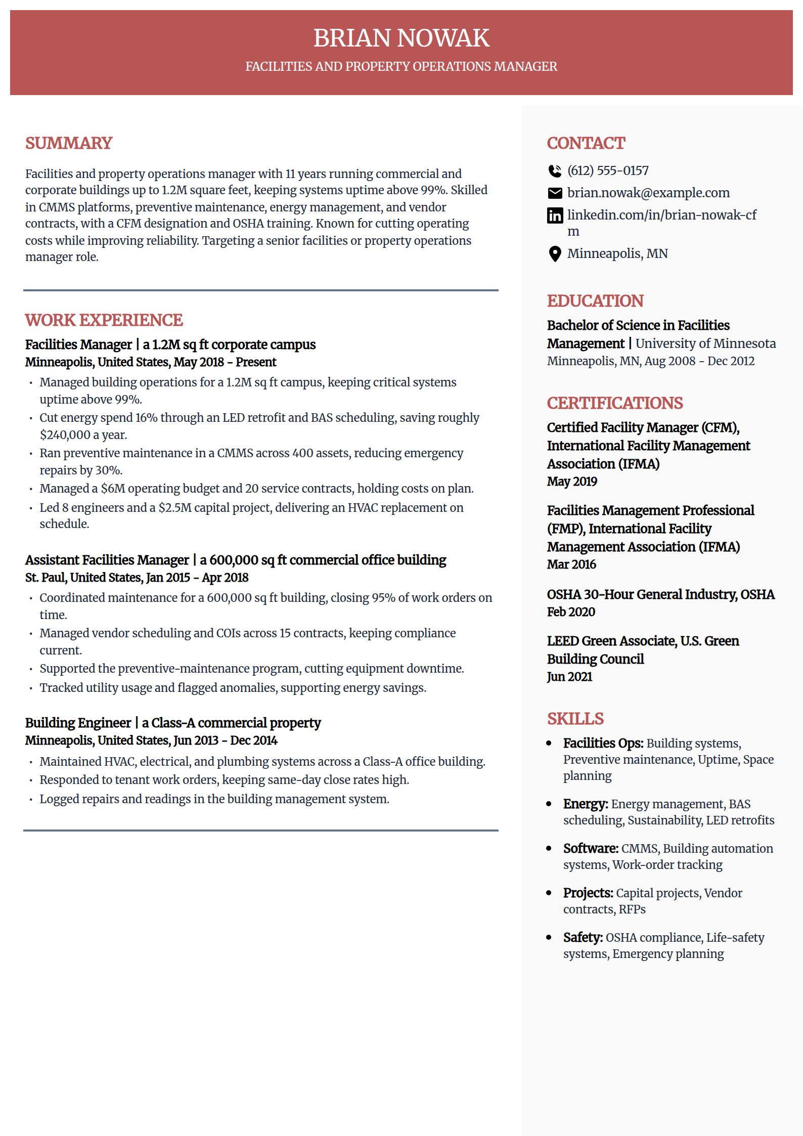 Facilities and property operations manager resume example in the Executive template