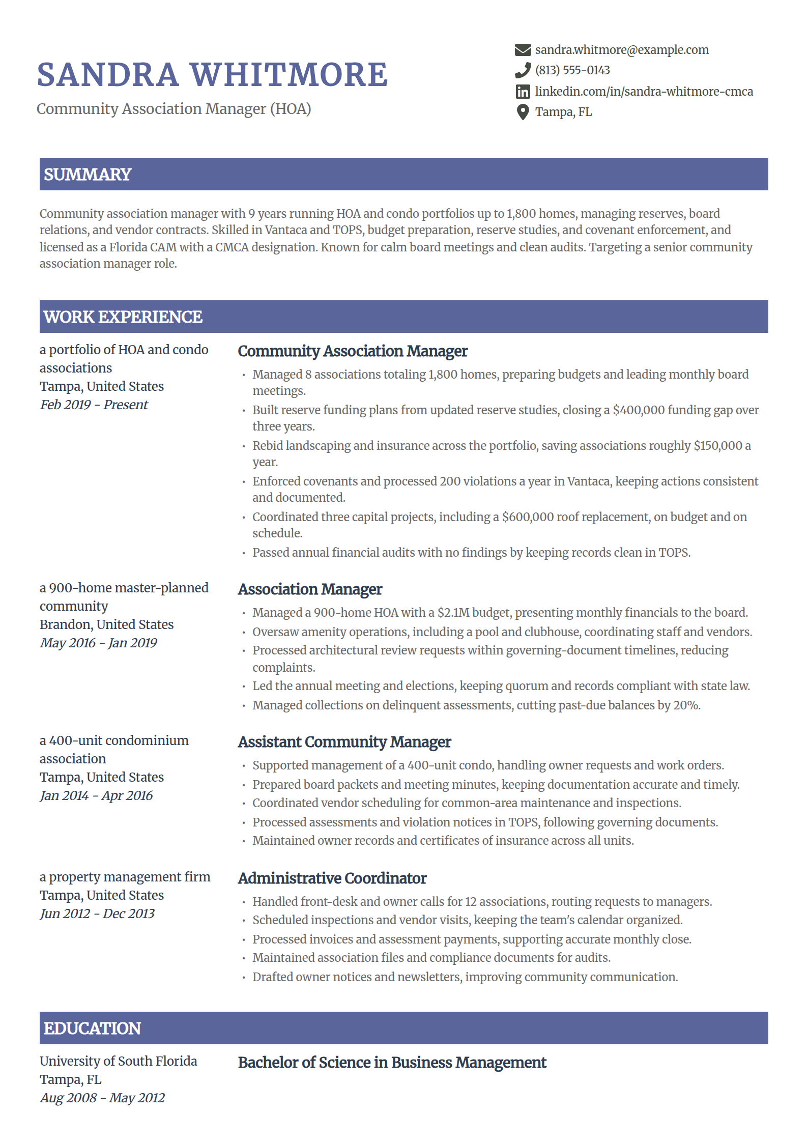 HOA and community association manager resume example in the Catalyst template