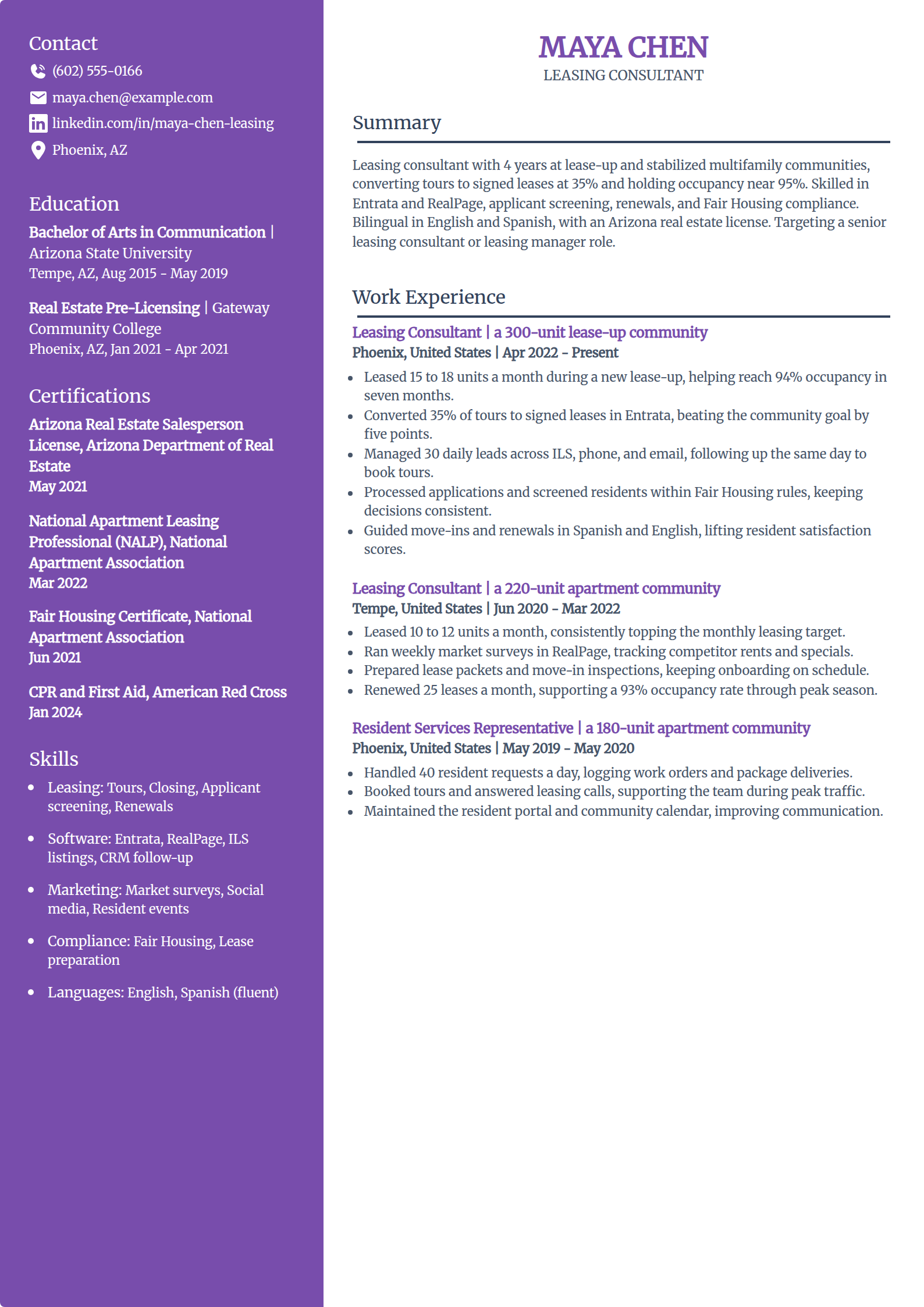 Leasing consultant resume example in the Pioneer template