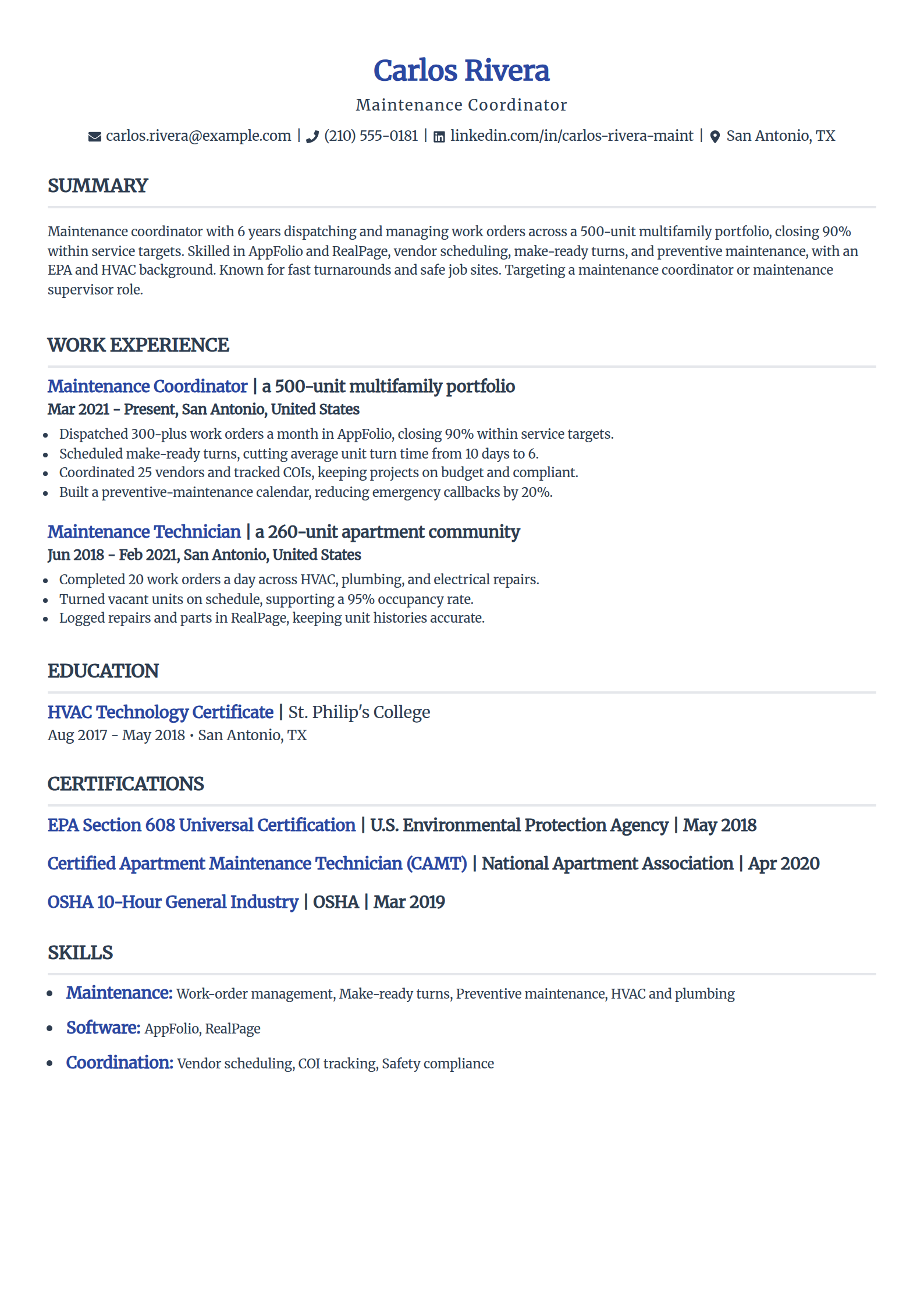 Maintenance coordinator resume example in the Simple template