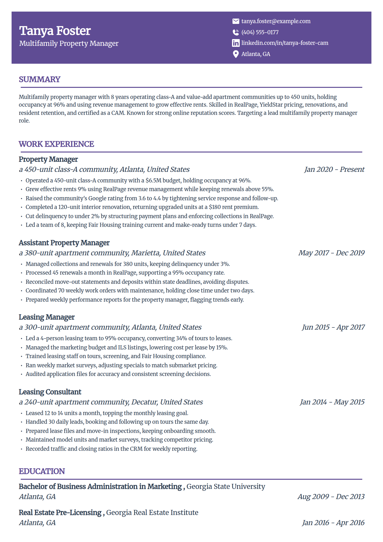 Multifamily property manager resume example in the Panorama template