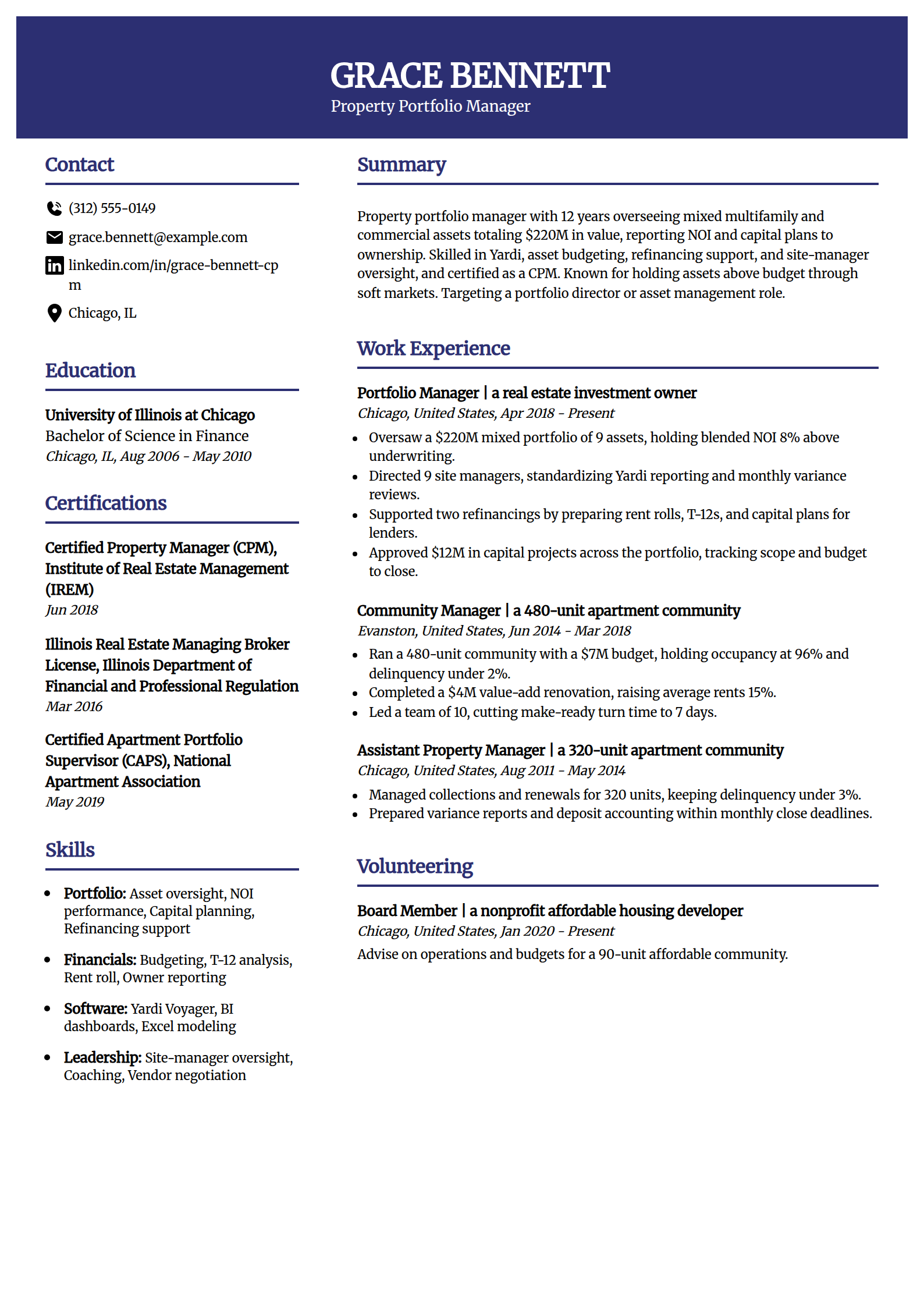 Property portfolio manager resume example in the Visionary template