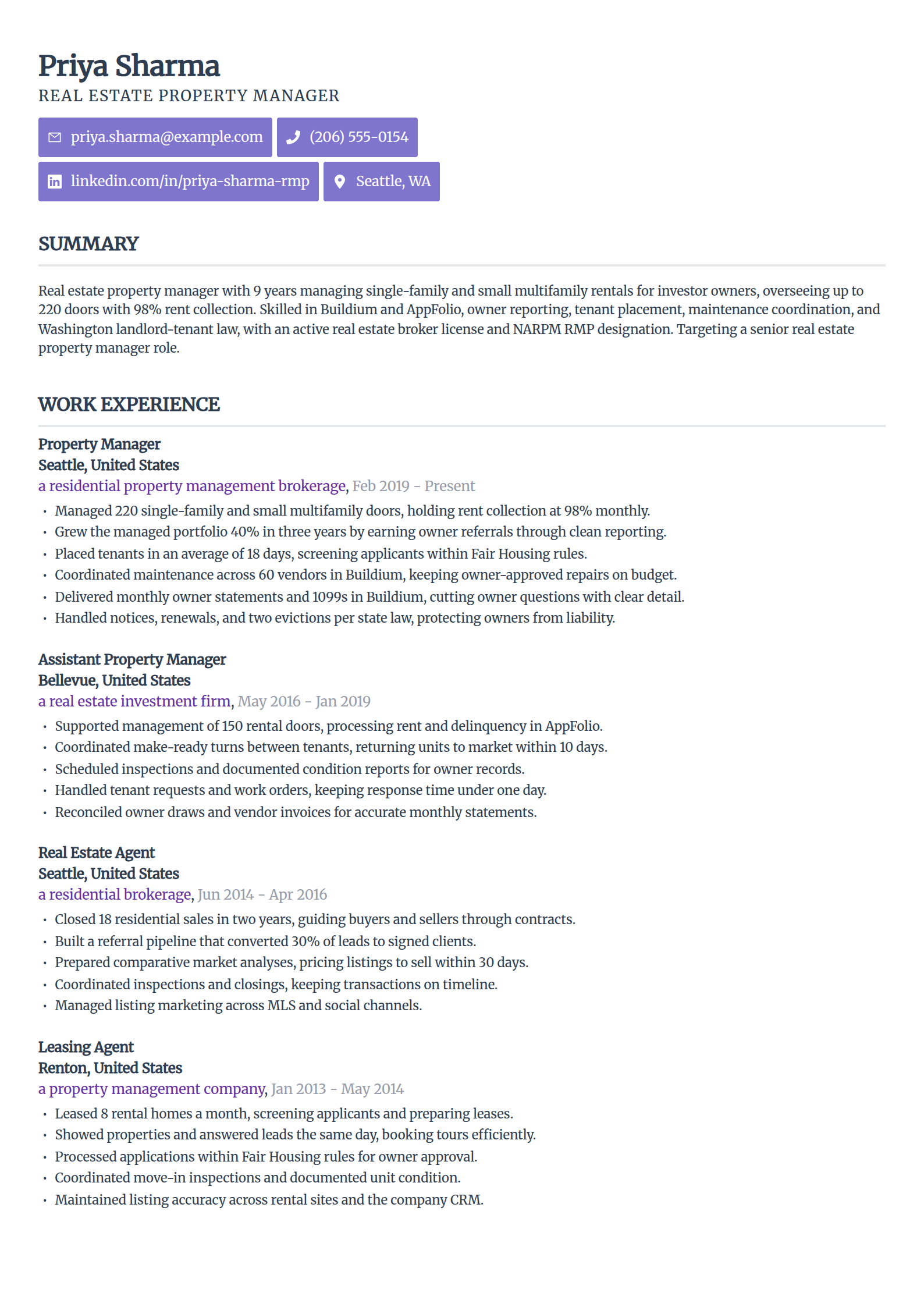Real estate property manager resume example in the Sleek Framework template