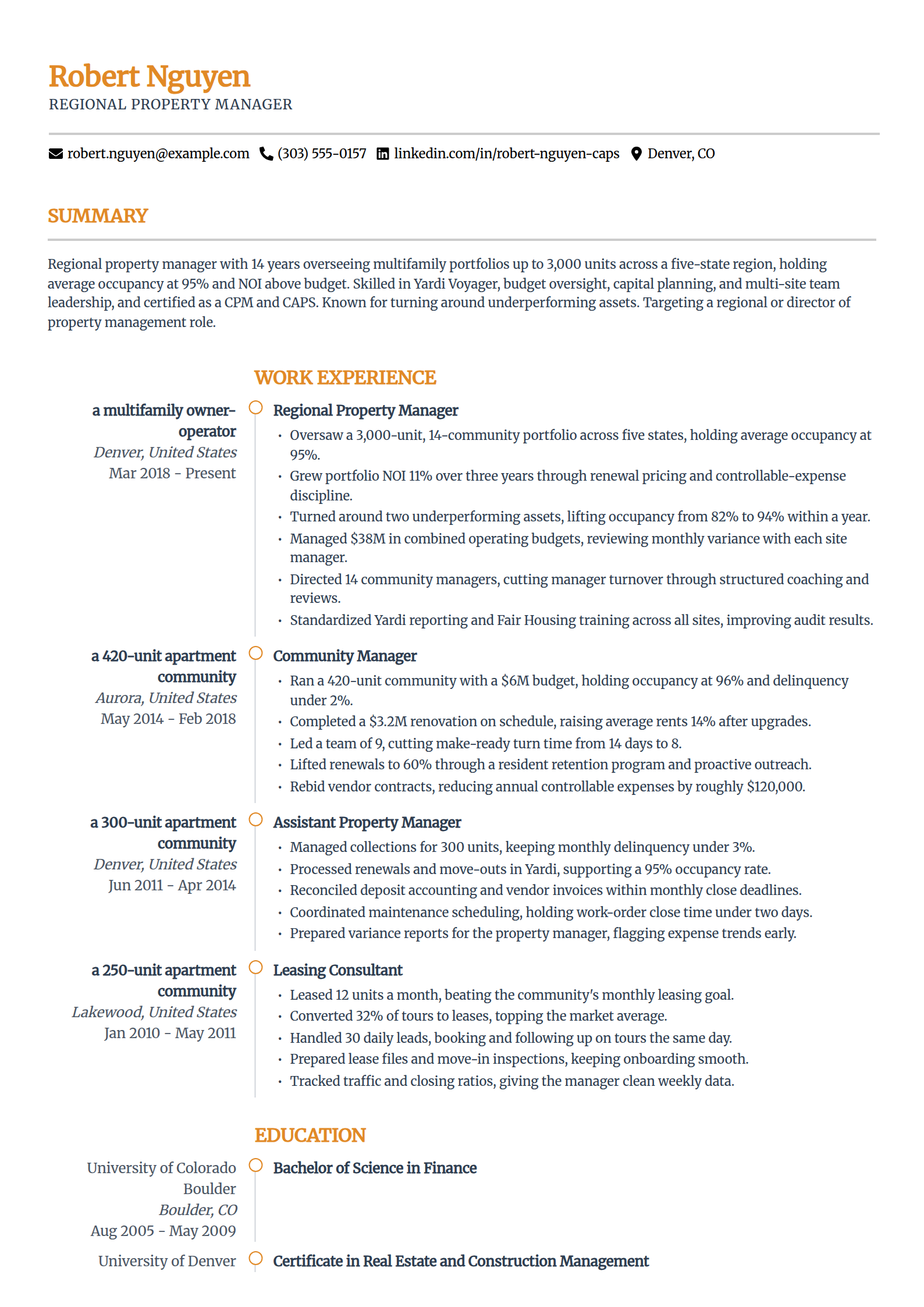 Regional property manager resume example in the Zenith template