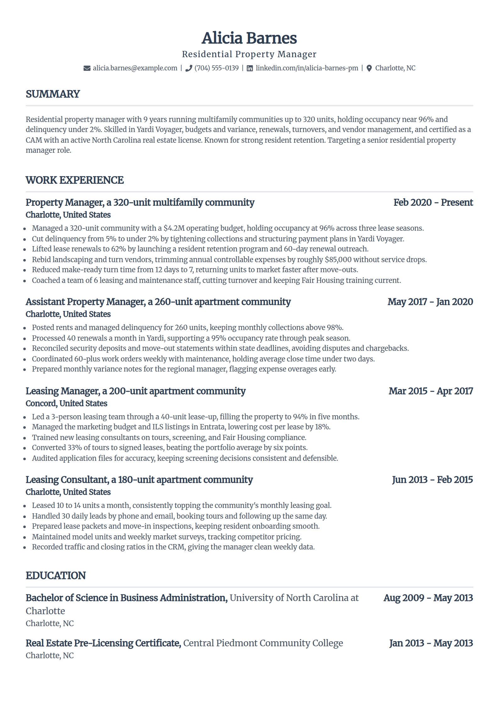 Residential property manager resume example in the Standard template