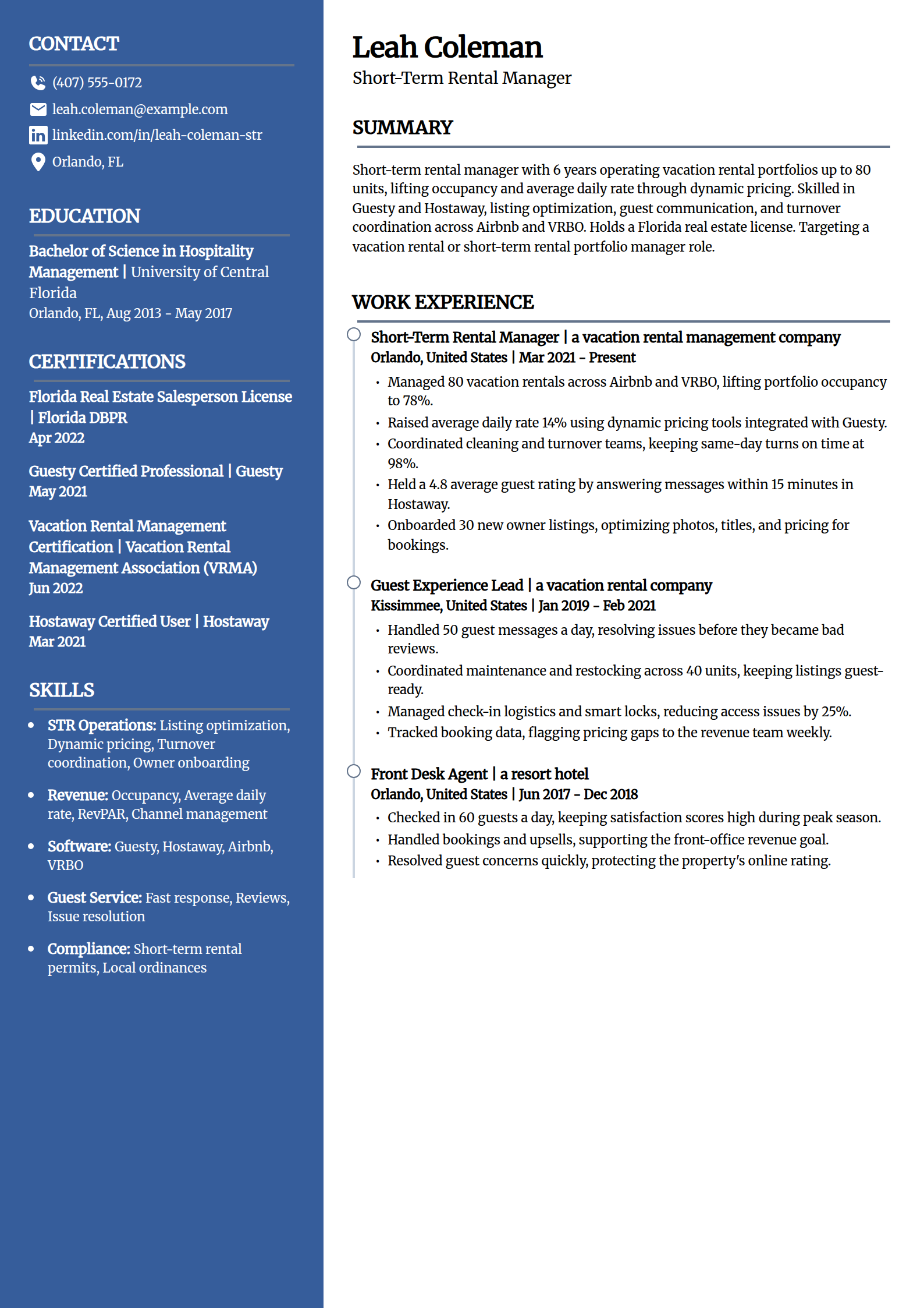 Short-term rental manager resume example in the Creative template