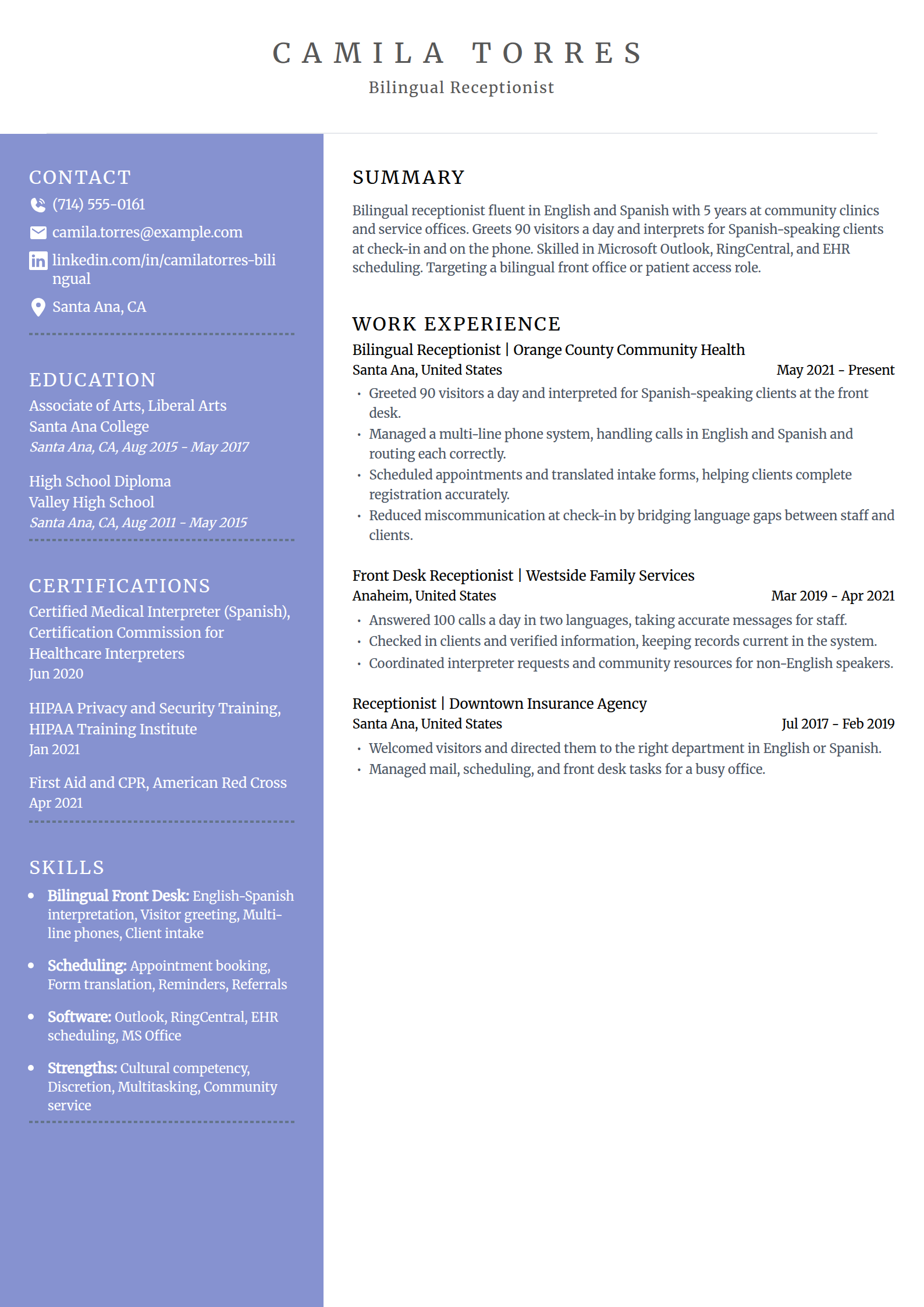 Bilingual receptionist resume example in the Luminary template