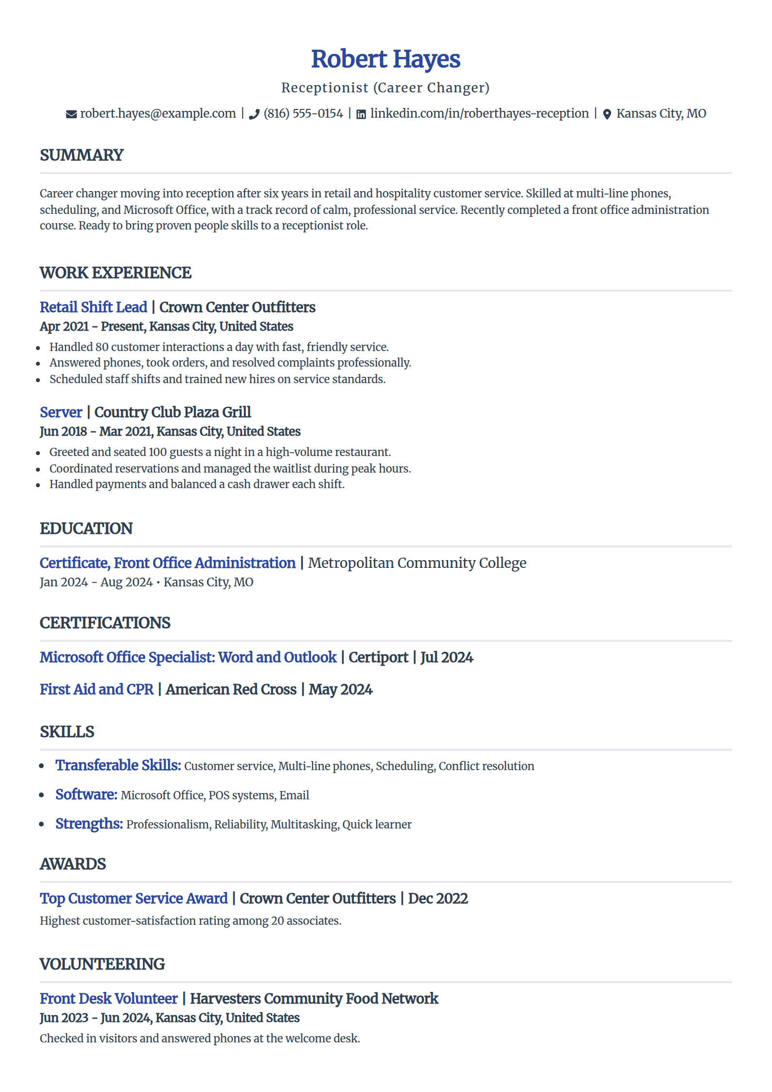 Career-change receptionist resume example in the Simple template