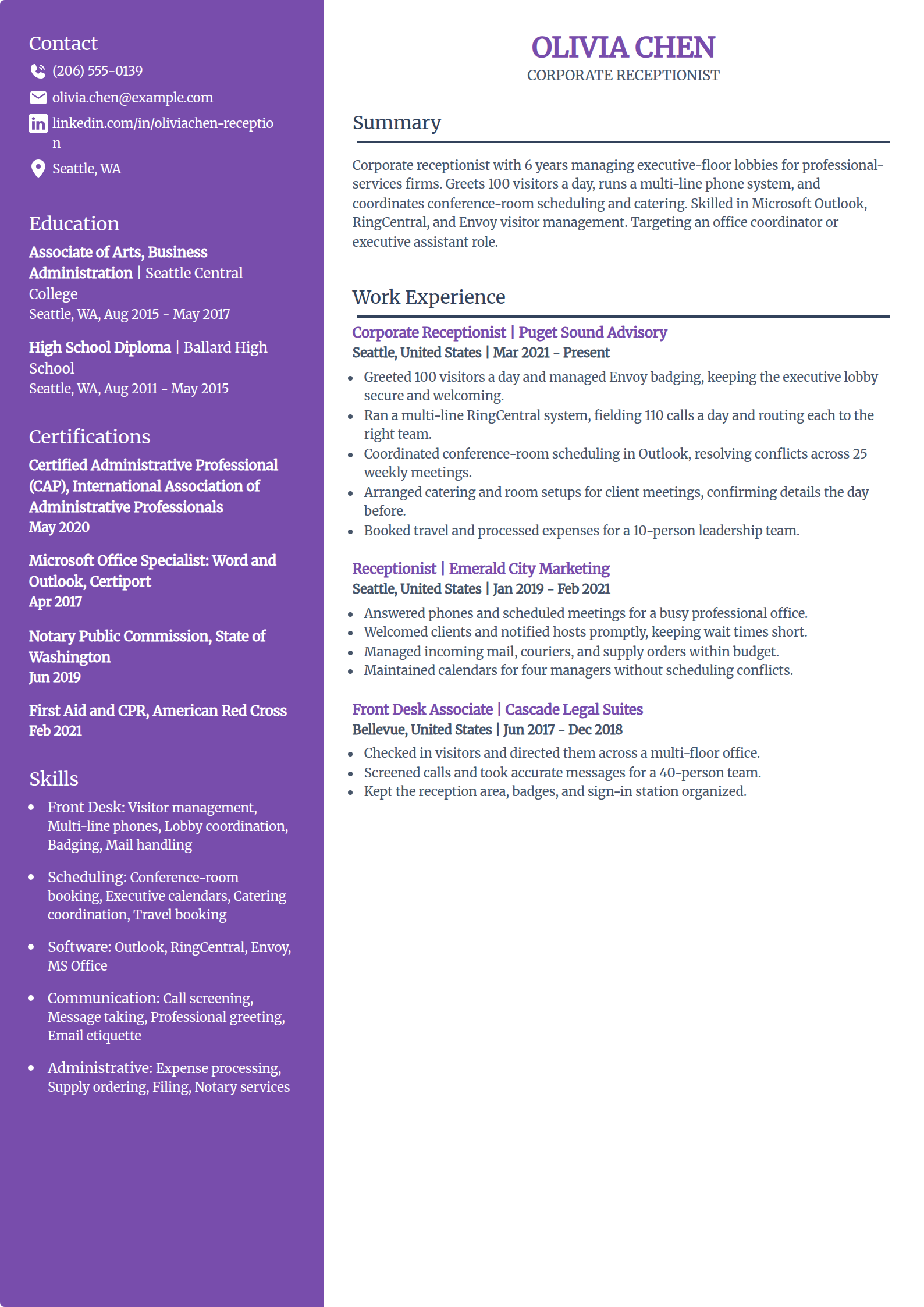 Corporate office receptionist resume example in the Pioneer template