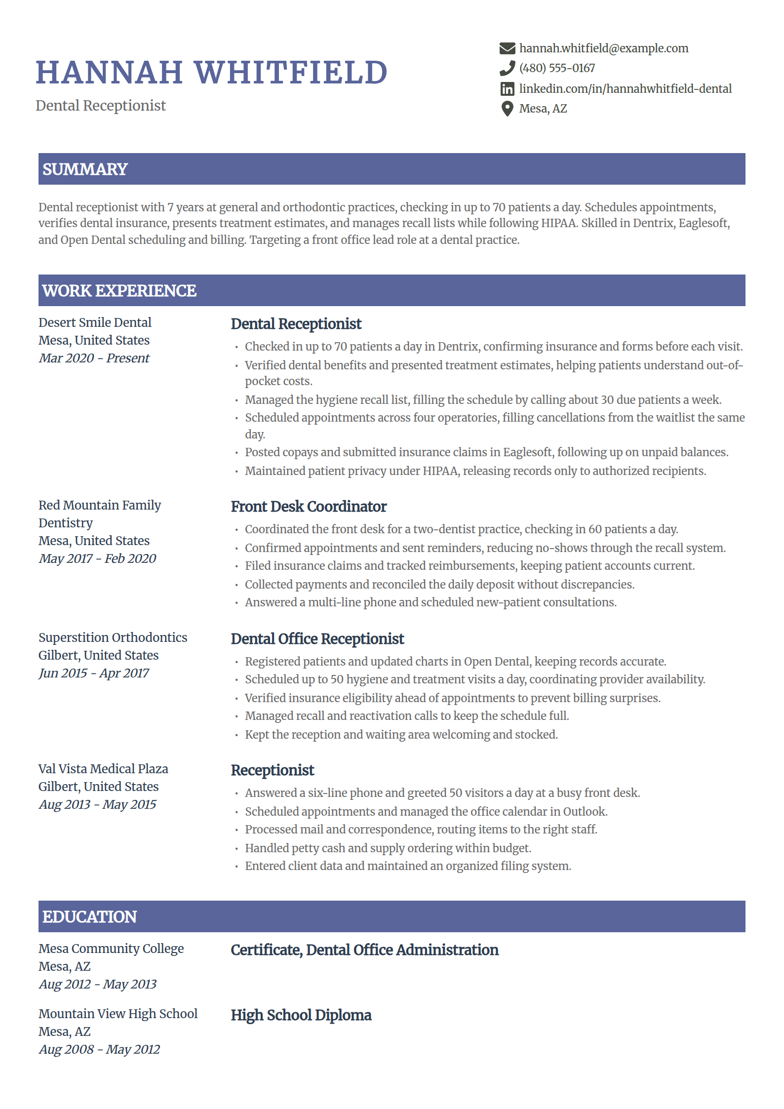 Dental receptionist resume example in the Catalyst template