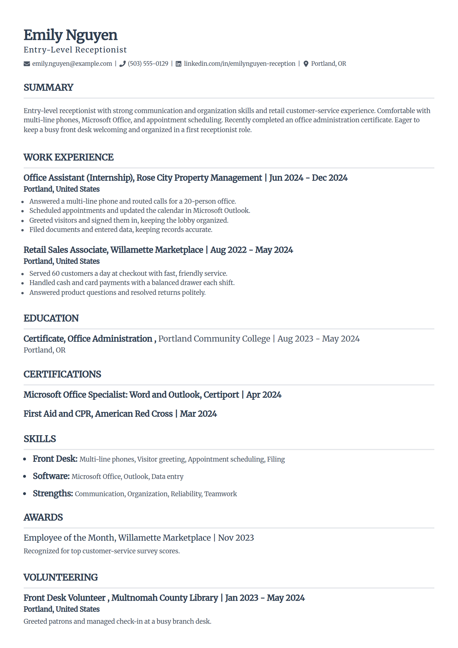 Entry-level receptionist resume example with no experience in the Classic template