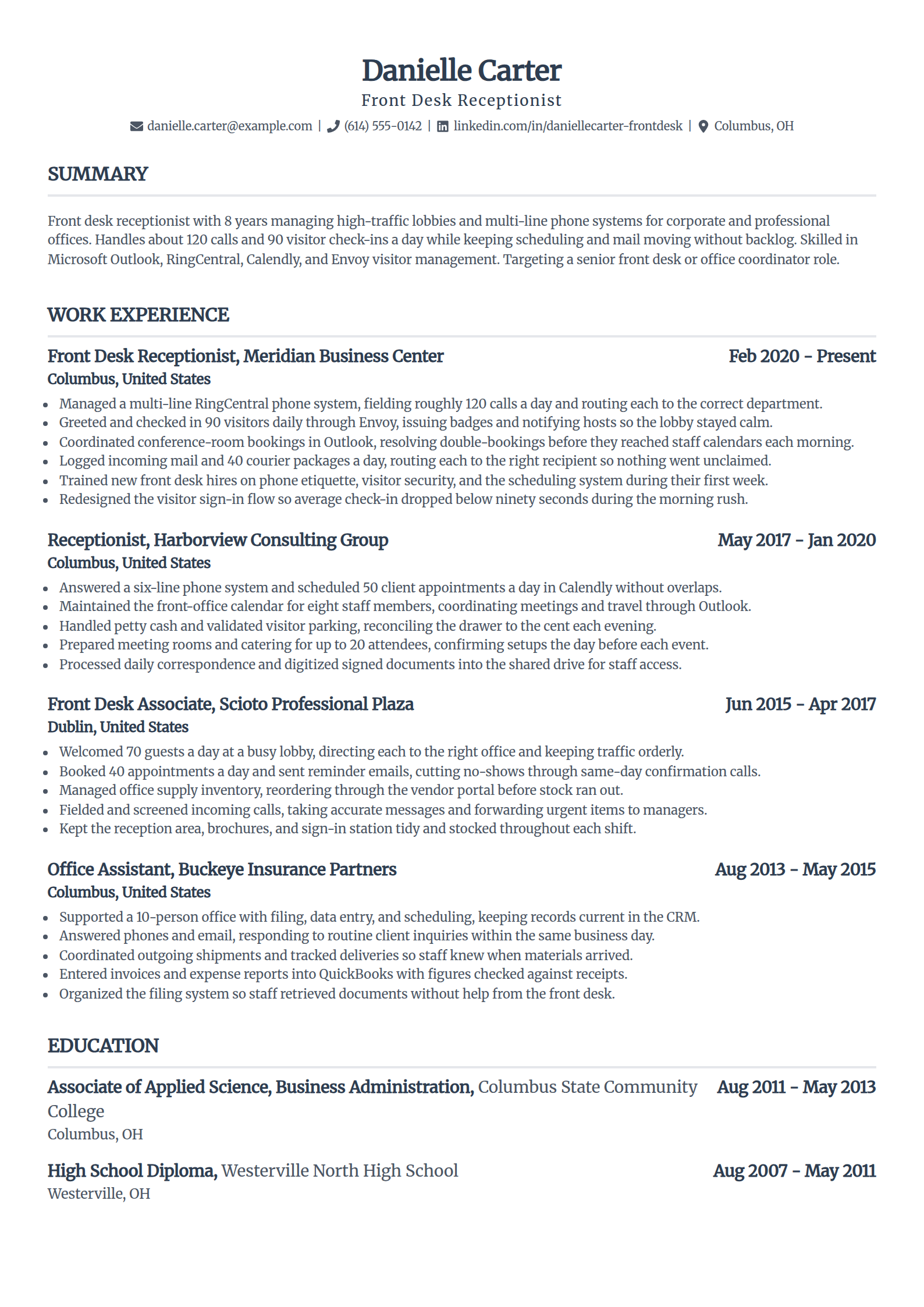 Experienced front desk receptionist resume example in the Standard template