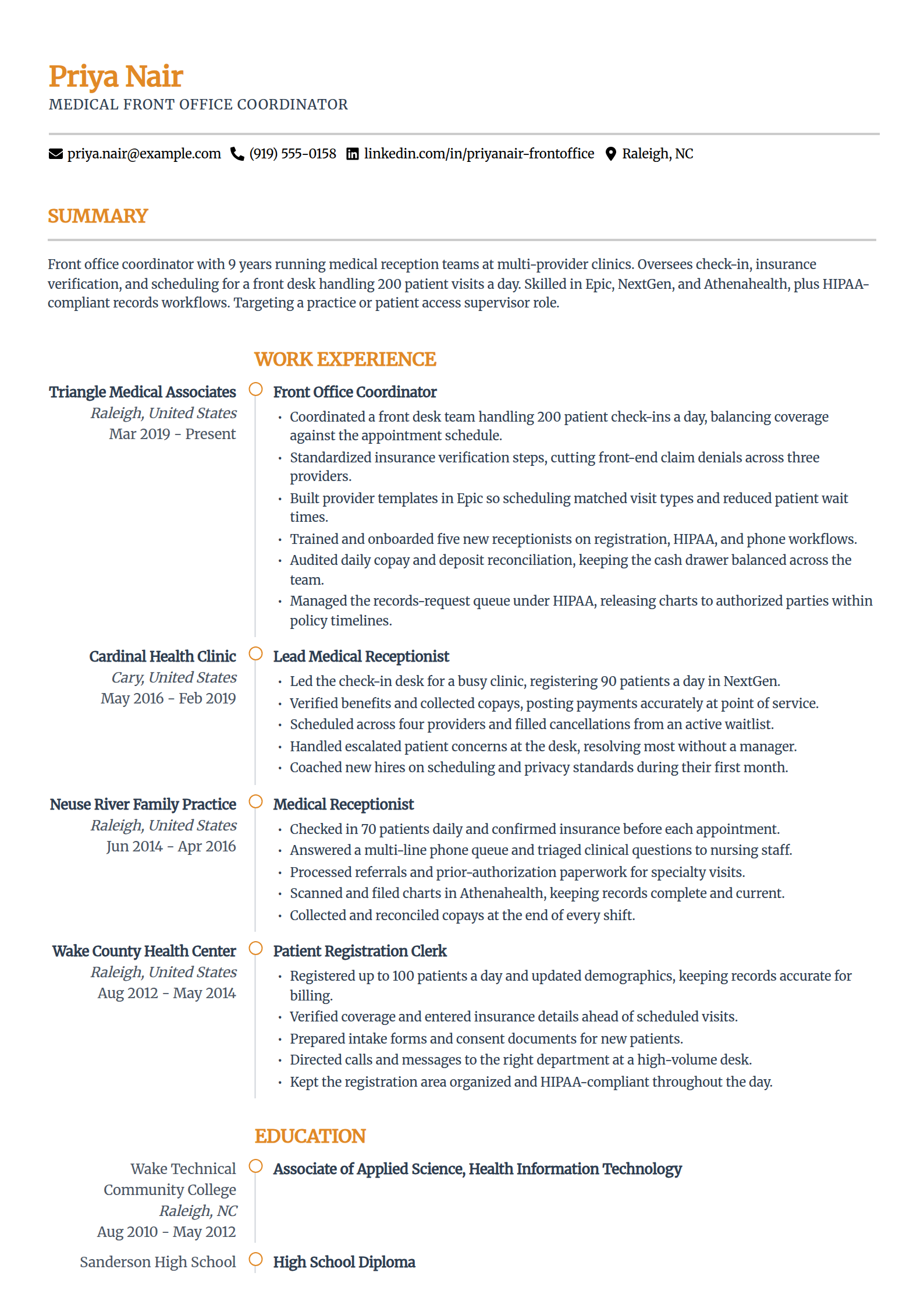 Medical front office coordinator resume example in the Zenith template