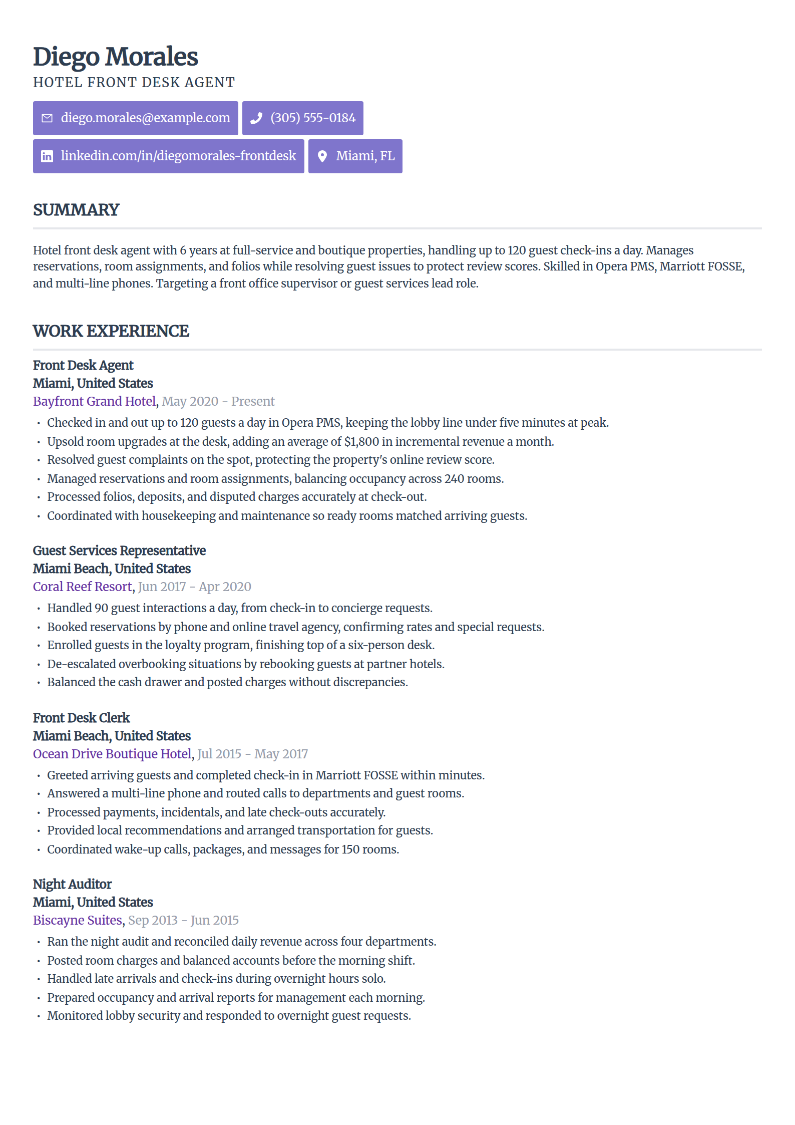 Hotel and hospitality front desk agent resume example in the Sleek Framework template
