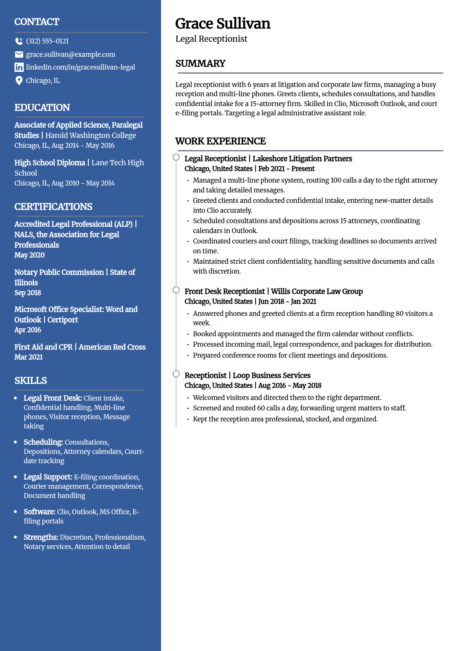 Law firm and legal receptionist resume example in the Creative template