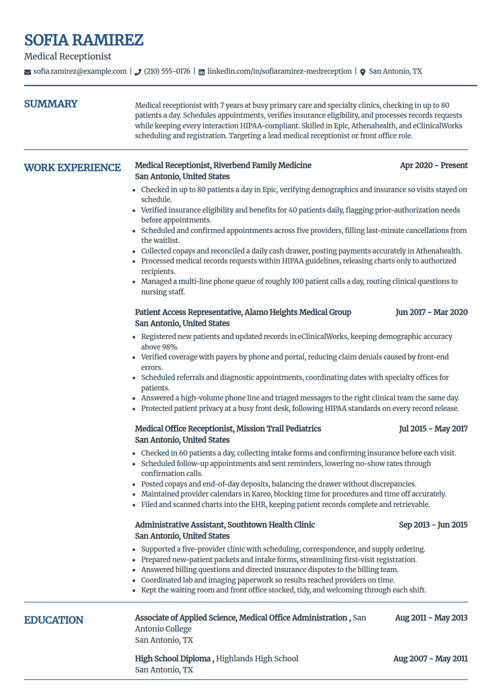 Medical receptionist resume example in the Craft template