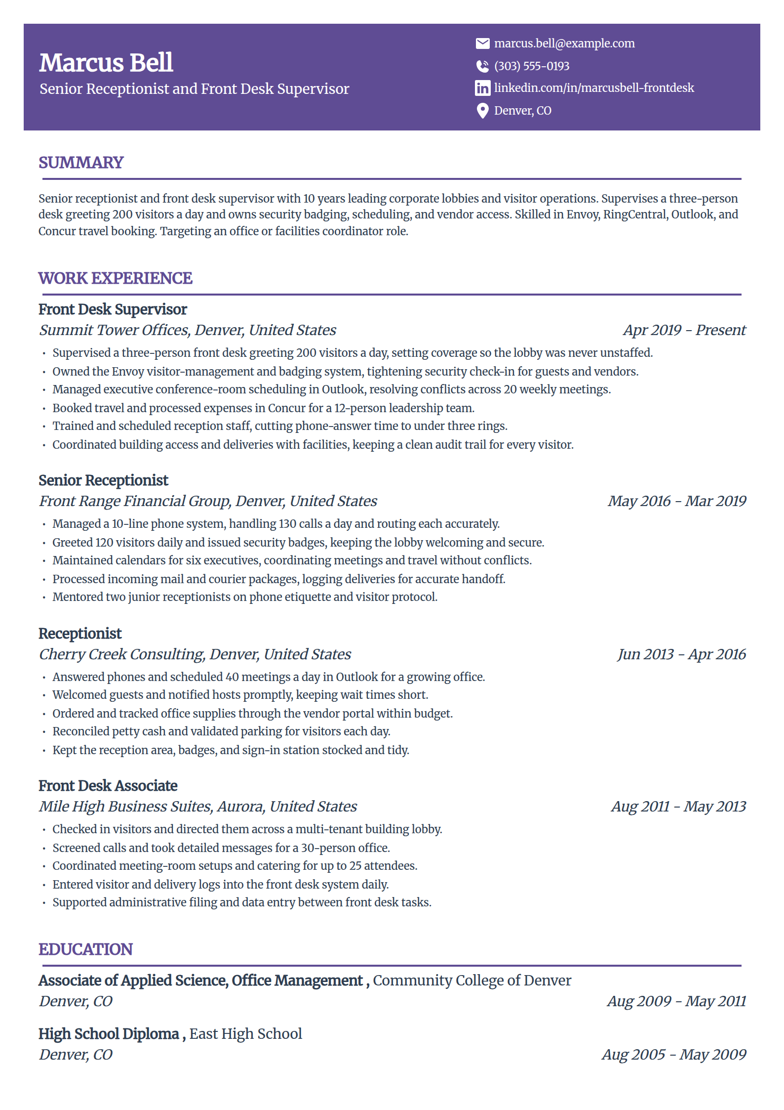 Senior and lead receptionist resume example in the Panorama template