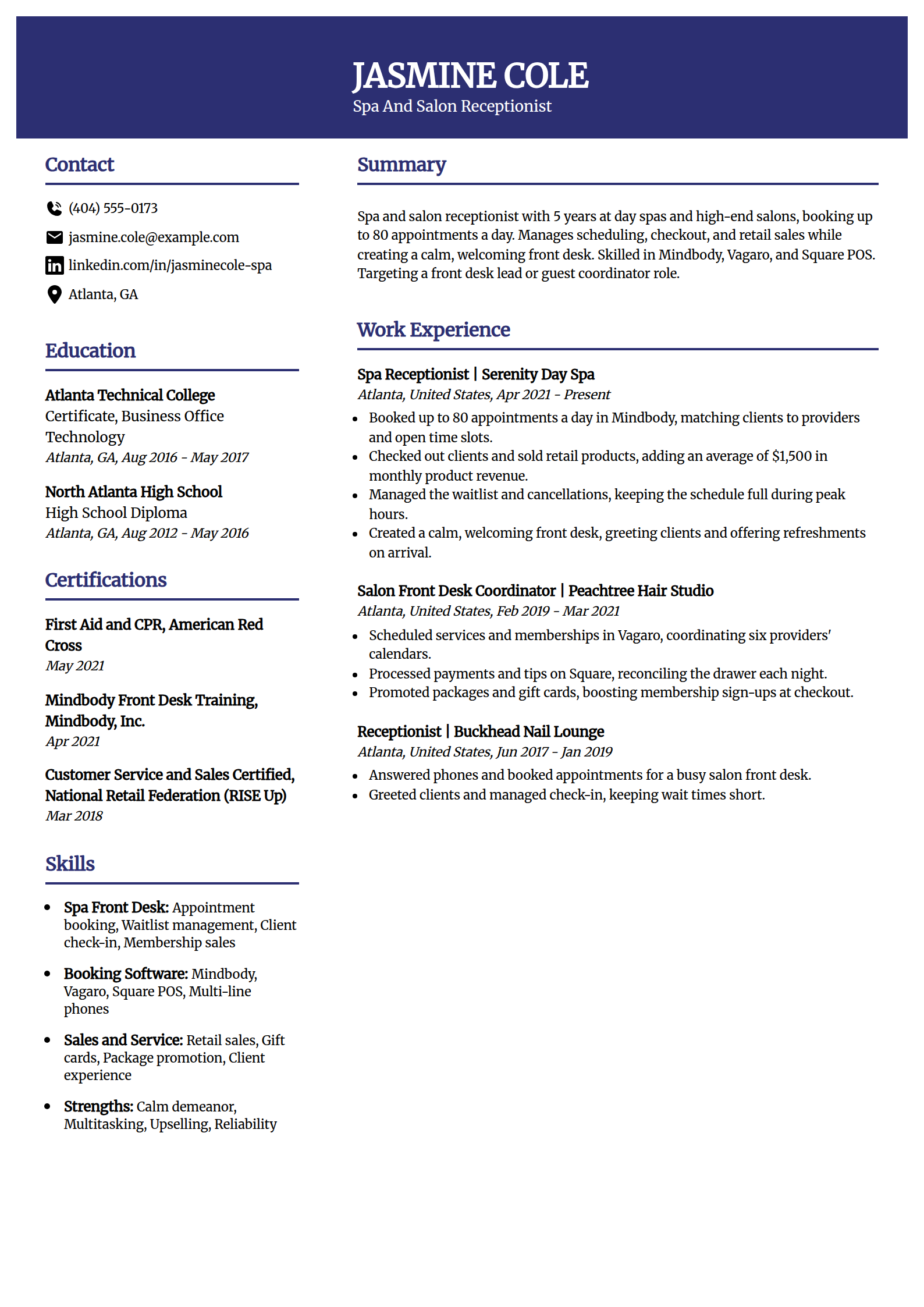 Spa and salon receptionist resume example in the Visionary template